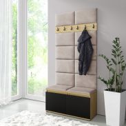 Kleine Garderobe 01 mit gepolsterter Sitzbank| Artisan/Schwarz/Beige Light  | 215 x 100 x 40 cm | für 8 Paar Schuhe | 6 Kleiderhaken | 4 Fächer