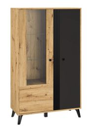 Vitrine Lassila 03, Farbe: Eiche Artisan / Schwarz - Abmessungen: 153 x 92 x 40 cm (H x B x T), mit zwei Türen und 8 Fächern