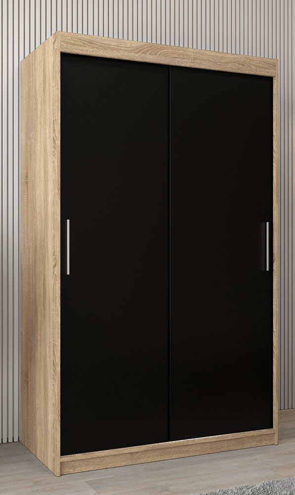 Schiebetürenschrank / Kleiderschrank Bisaurin 2A, Farbe: Eiche Sonoma / Schwarz - Abmessungen: 200 x 120 x 62 cm ( H x B x T)