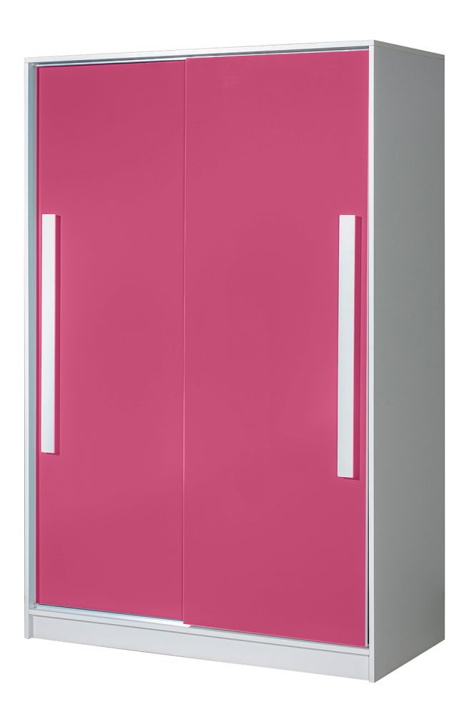 Kinderzimmer - Schiebetürenschrank / Kleiderschrank Walter 12, Farbe: Weiß / Rosa Hochglanz - 191 x 120 x 60 cm (H x B x T)