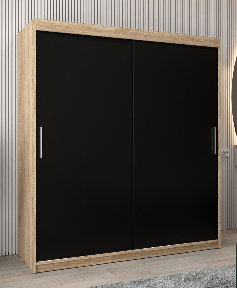 Schiebetürenschrank / Kleiderschrank Bisaurin 4A, Farbe: Eiche Sonoma / Schwarz - Abmessungen: 200 x 180 x 62 cm ( H x B x T)