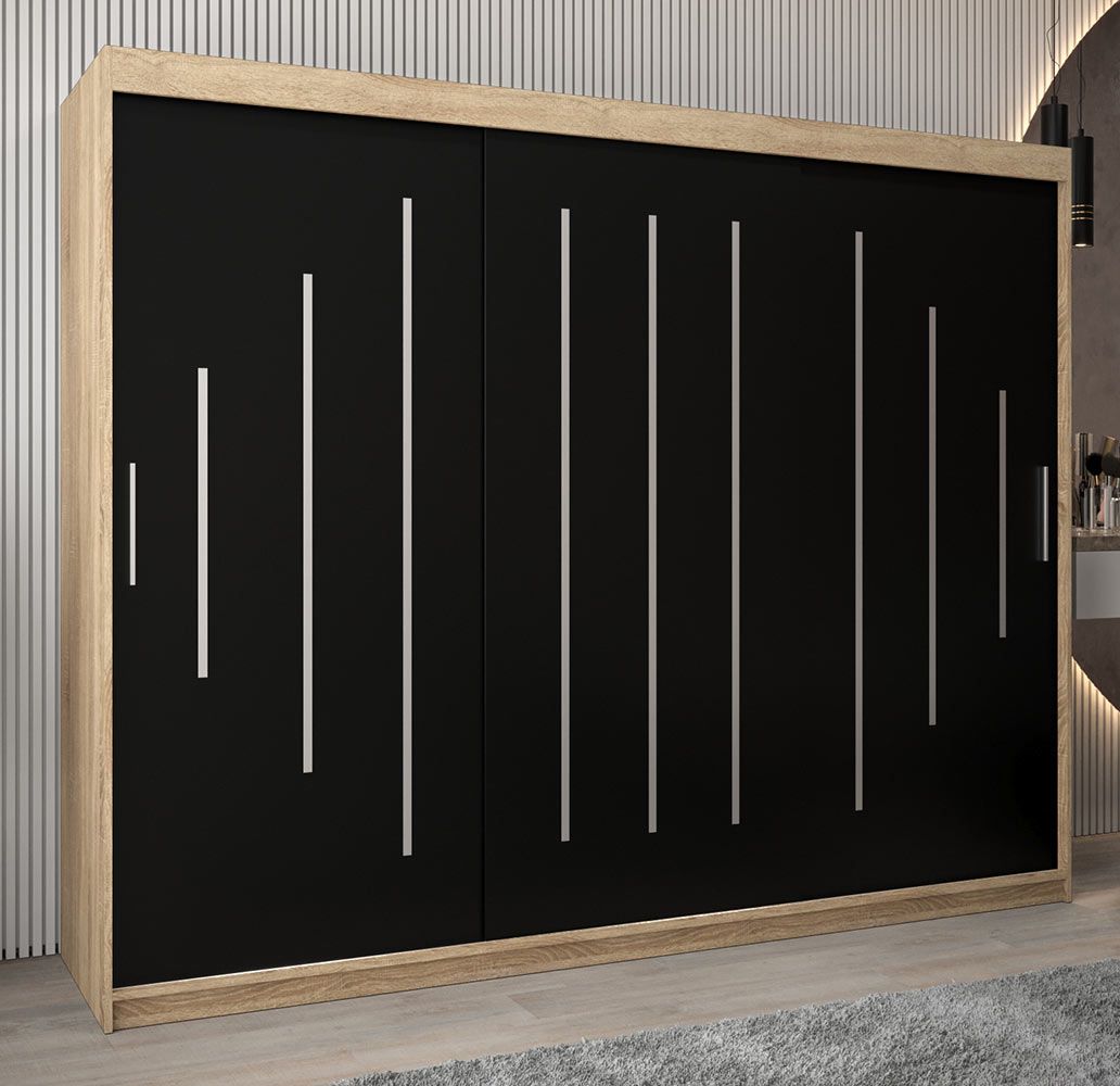 Schiebetürenschrank / Kleiderschrank Pilatus 06, Farbe: Eiche Sonoma / Schwarz - Abmessungen: 200 x 250 x 62 cm (H x B x T)