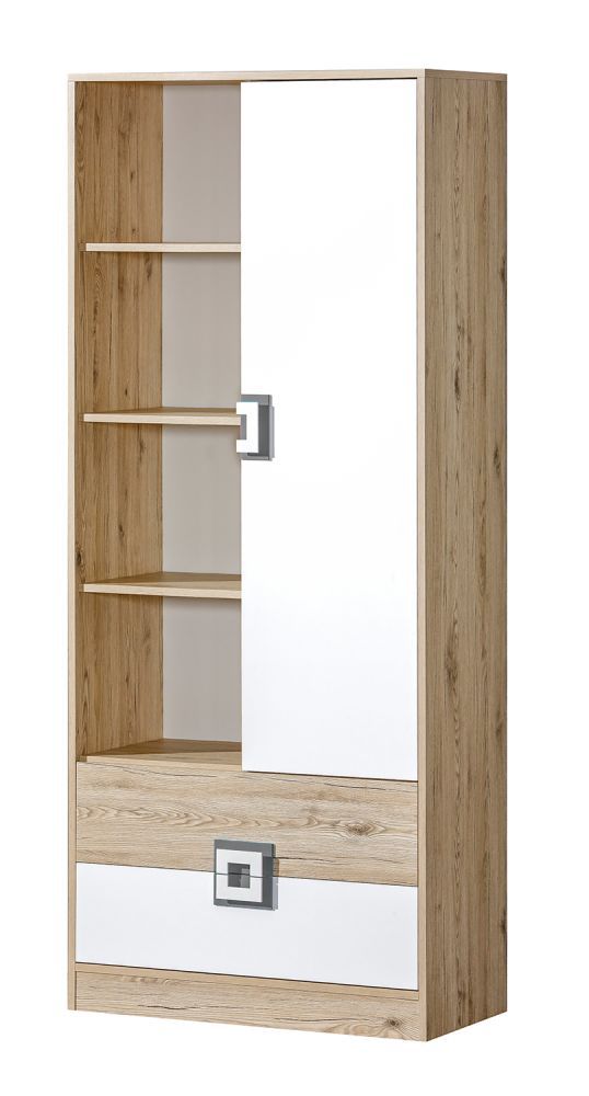 Kinderzimmer - Schrank Fabian 04, Farbe: Eiche Hellbraun / Weiß / Grau - 190 x 80 x 40 cm (H x B x T)