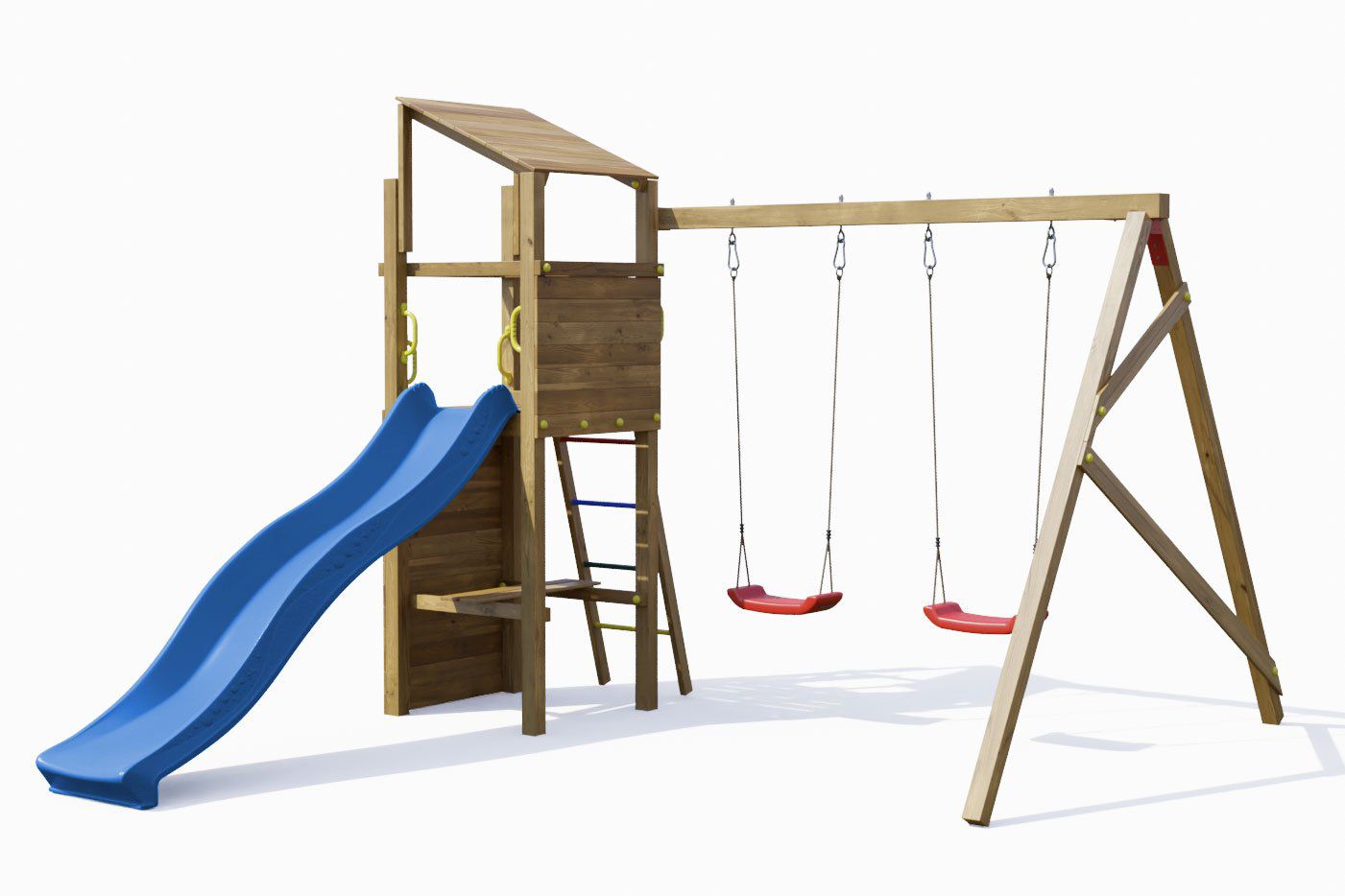 Spielturm Henry inkl. Doppelschaukel, Kletterwand, Wellenrutsche und Holzdach FSC®