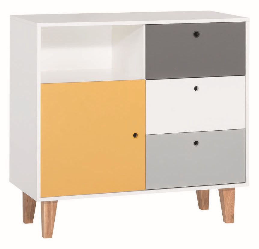 Jugendzimmer - Kommode Syrina 08, Farbe: Weiß / Grau / Gelb - Abmessungen: 96 x 103 x 45 cm (H x B x T)