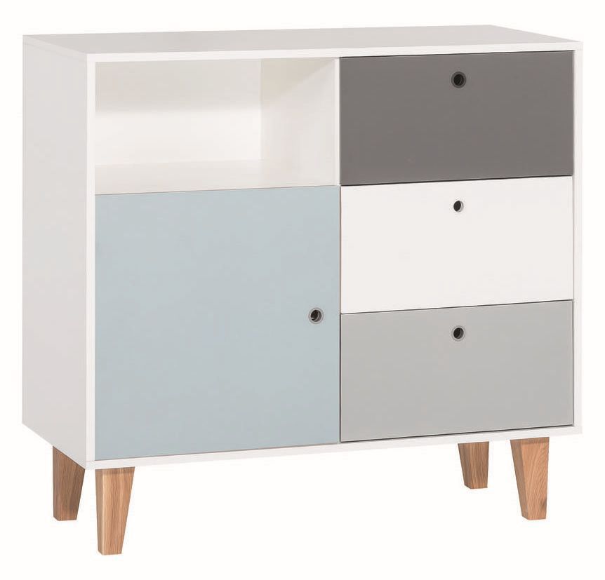 Jugendzimmer - Kommode Syrina 08, Farbe: Weiß / Grau / Blau - Abmessungen: 96 x 103 x 45 cm (H x B x T)