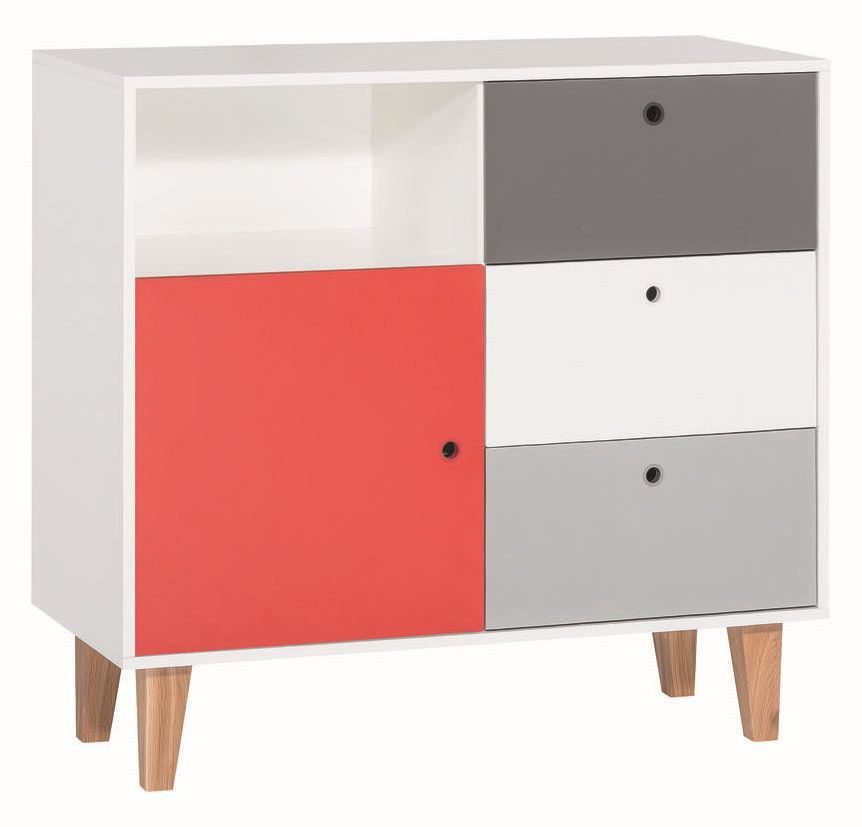 Jugendzimmer - Kommode Syrina 08, Farbe: Weiß / Grau / Rot - Abmessungen: 96 x 103 x 45 cm (H x B x T)