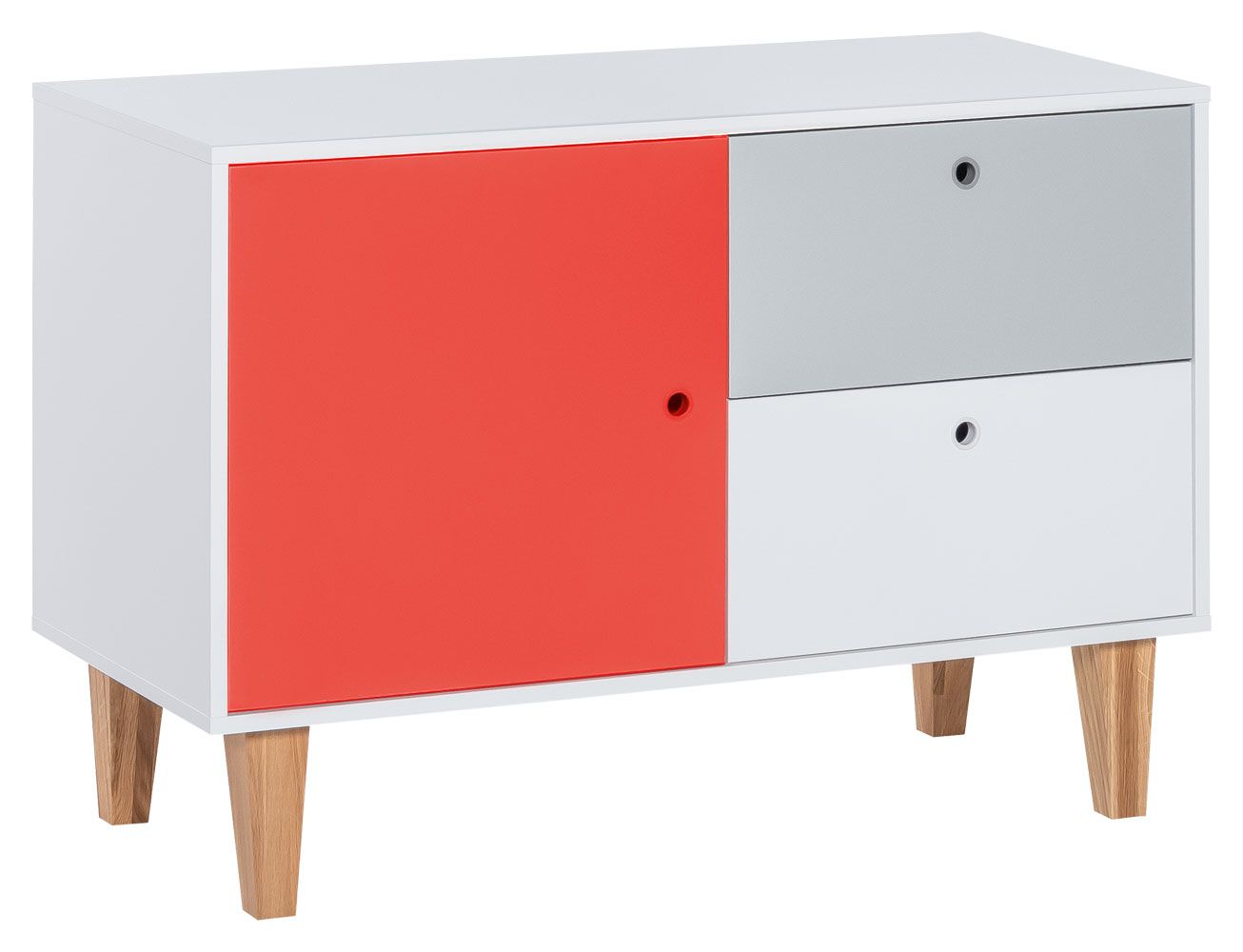 Jugendzimmer - Kommode Syrina 16, Farbe: Weiß / Grau / Rot - Abmessungen: 72 x 103 x 45 cm (H x B x T)