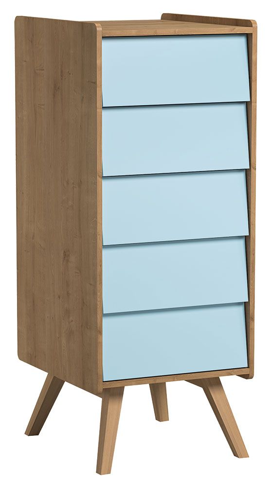 Kommode Jorinde 11, Farbe: Eiche / Blau - Abmessungen: 128 x 51 x 41 cm (H x B x T)