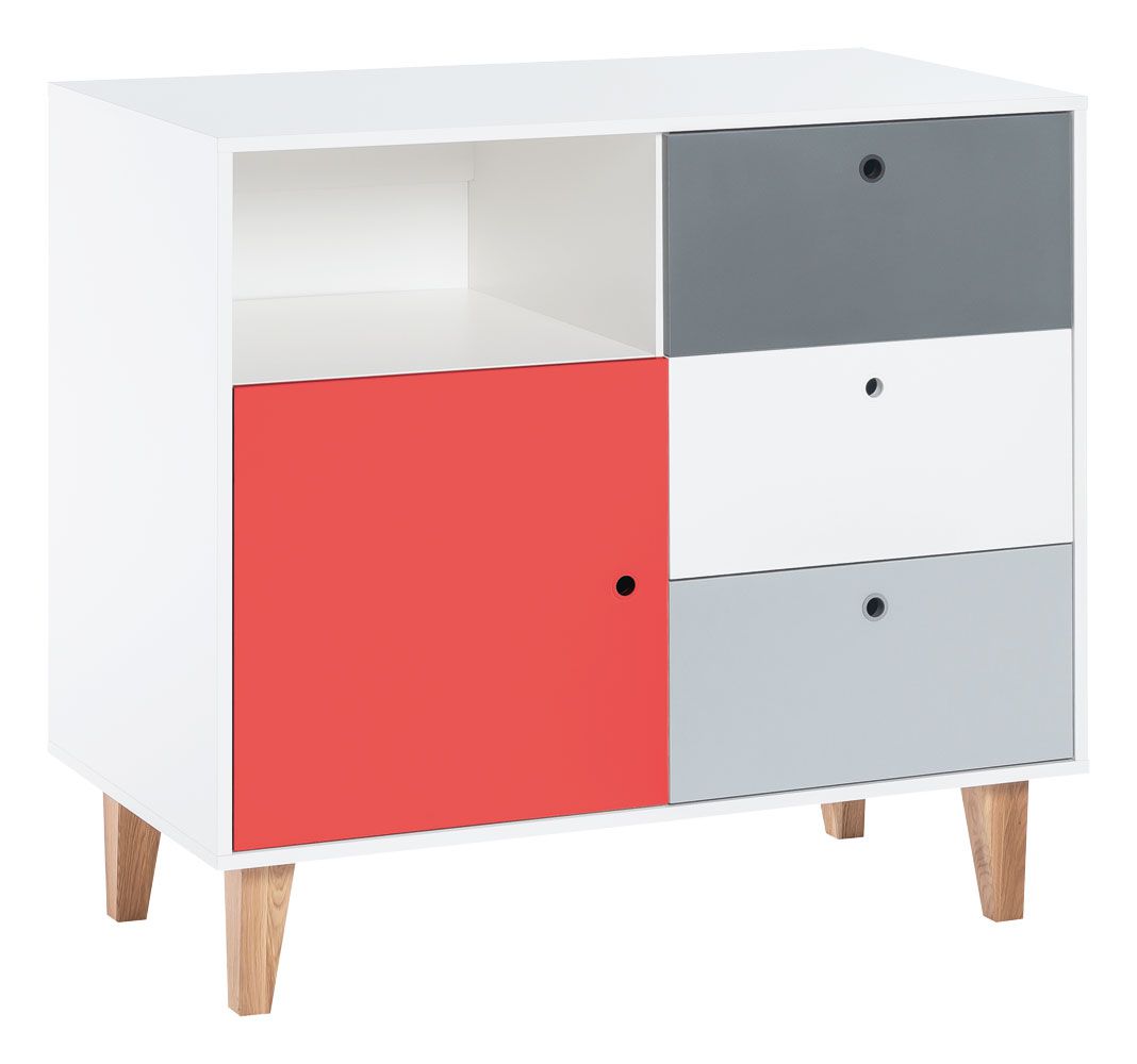 Jugendzimmer - Kommode Syrina 03, Farbe: Weiß / Grau / Rot - Abmessungen: 97 x 104 x 55 cm (H x B x T)