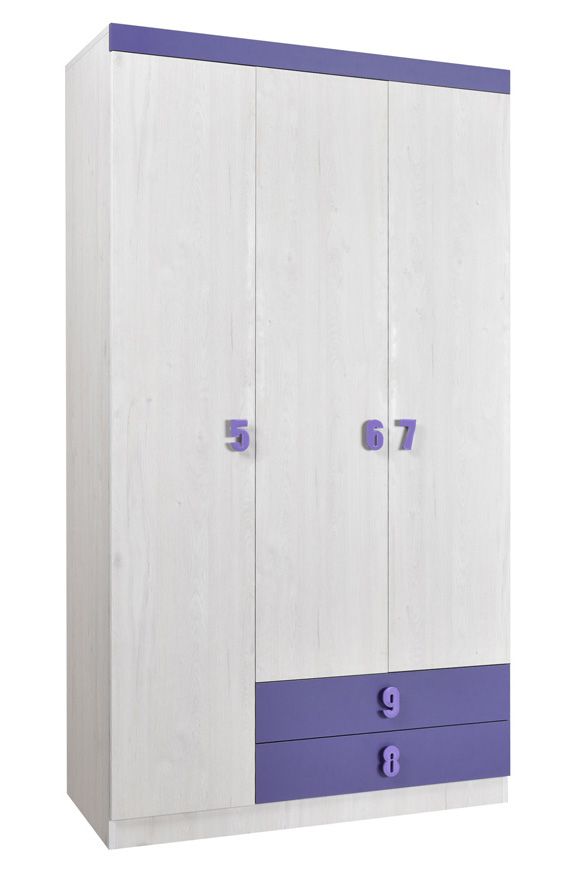 Kinderzimmer - Drehtürenschrank / Kleiderschrank Luis 21, Farbe: Eiche Weiß / Lila - 218 x 120 x 52 cm (H x B x T)