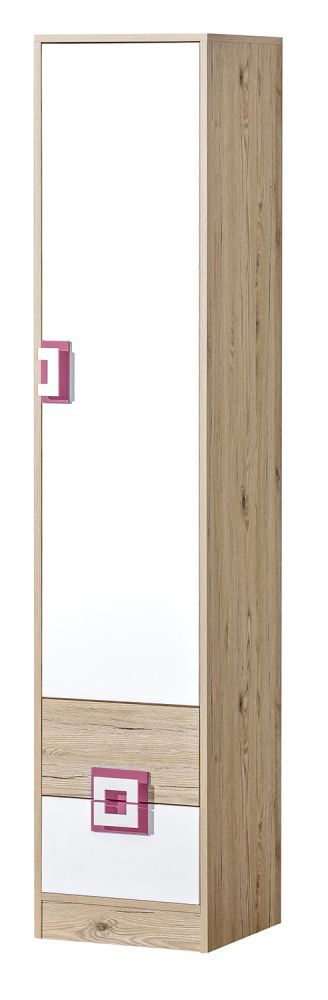 Kinderzimmer - Schrank Fabian 05, Farbe: Eiche Hellbraun / Weiß / Rosa - 190 x 40 x 40 cm (H x B x T)