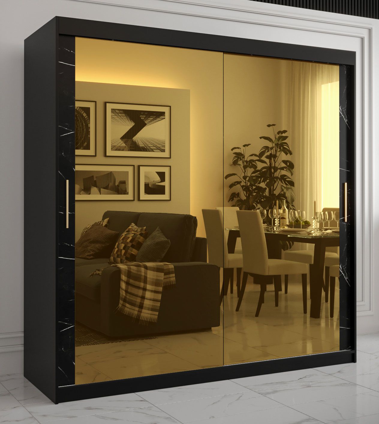 Kleiderschrank mit genügend Stauraum Hochfeiler 92, Farbe: Schwarz / Schwarzer Marmor - Abmessungen: 200 x 200 x 62 cm (H x B x T), mit zwei Spiegel