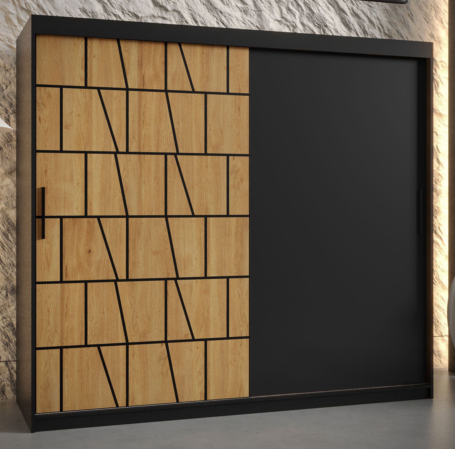 Kleiderschrank mit stylischen Muster Olperer 05, Farbe: Schwarz matt - Abmessungen: 200 x 200 x 62 cm (H x B x T)