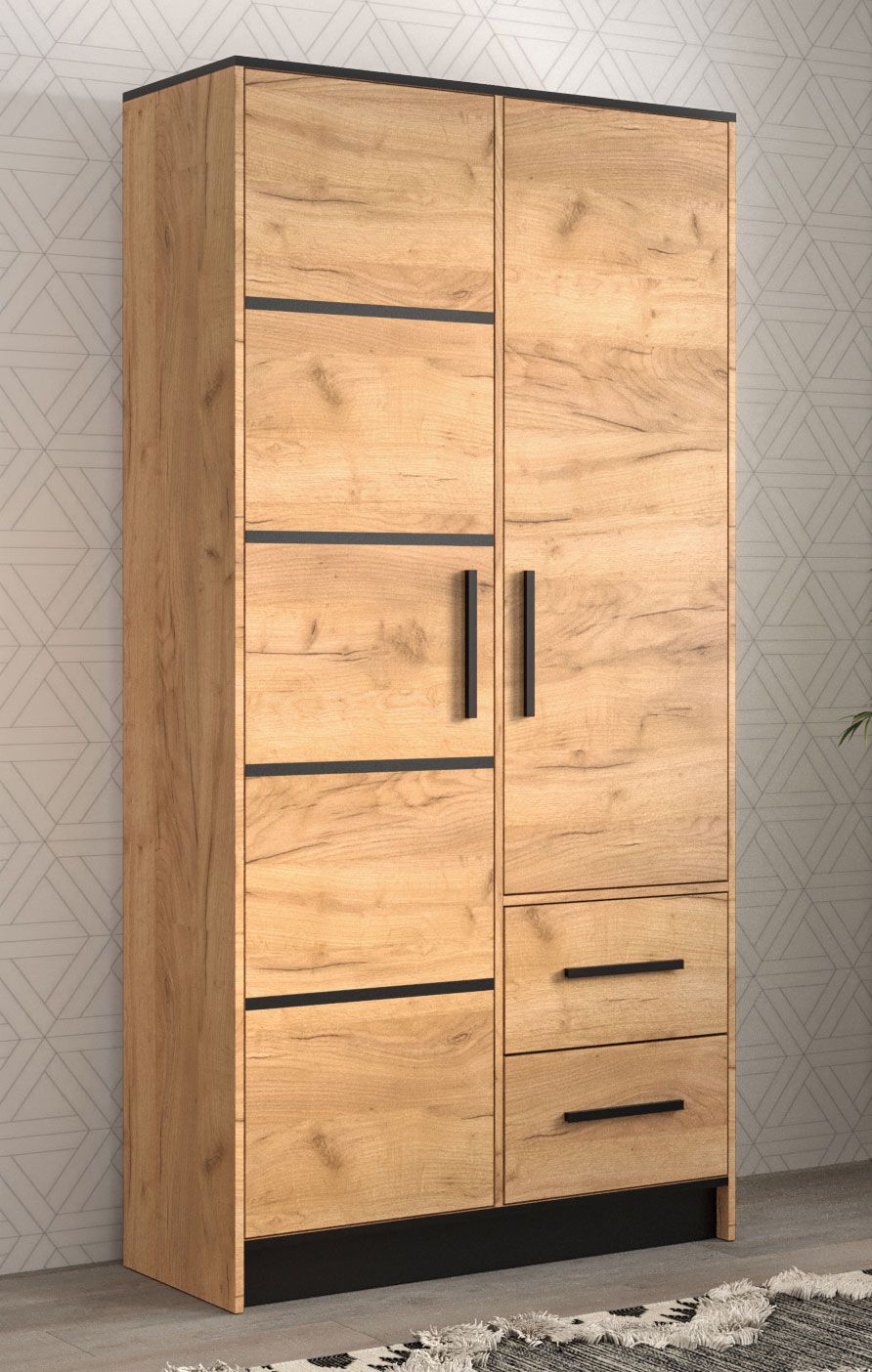 Eleganter Kleiderschrank Marmolada 08, Farbe: Eiche / Schwarz - Abmessungen: 202 x 103 x 40 cm (H x B x T), mit einer ausziehbaren Kleiderstange