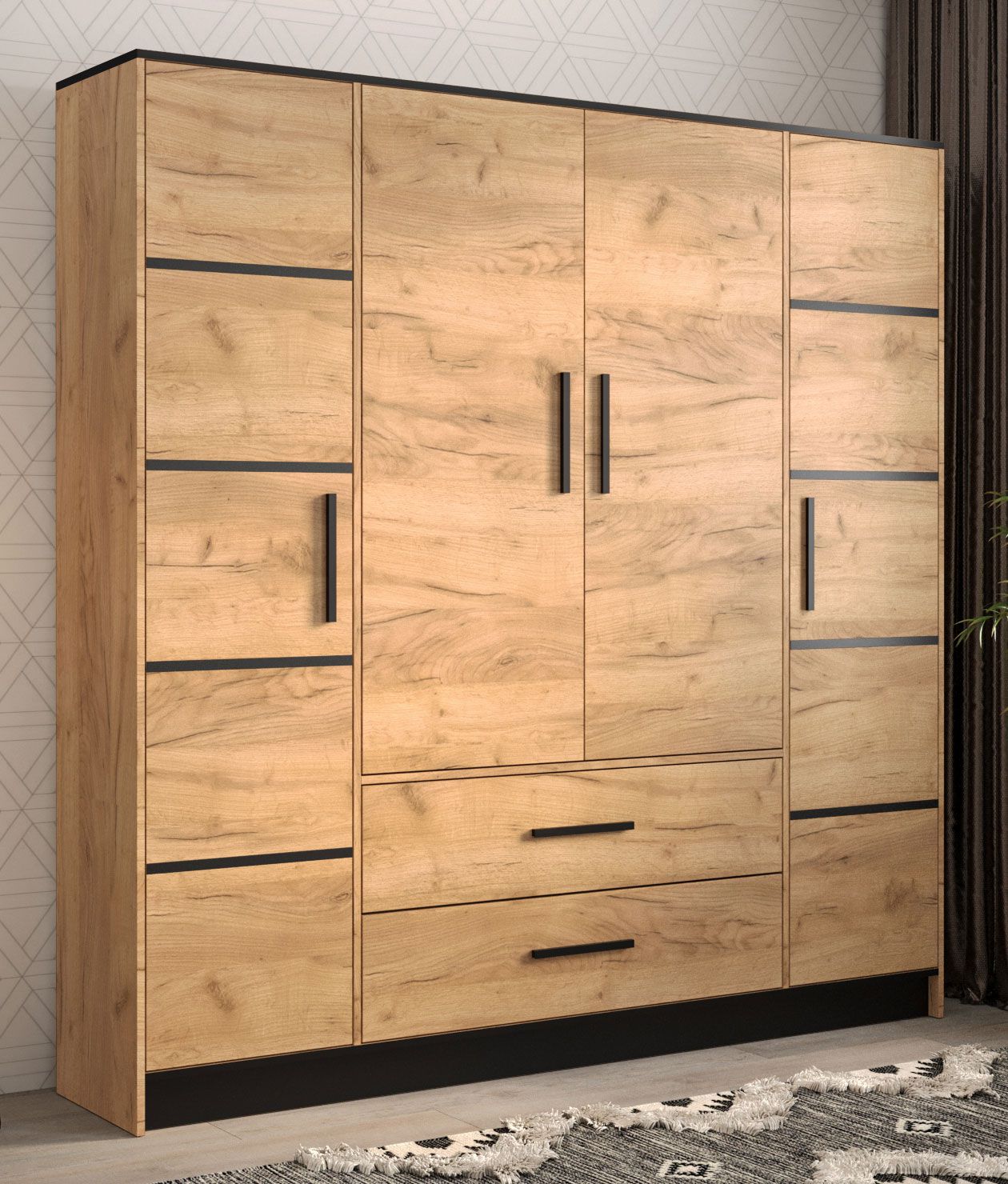 Edler Kleiderschrank mit modernen Muster Marmolada 12, Farbe: Eiche / Schwarz - Abmessungen: 202 x 201 x 40 cm (H x B x T), mit 10 Fächern und zwei Schubladen