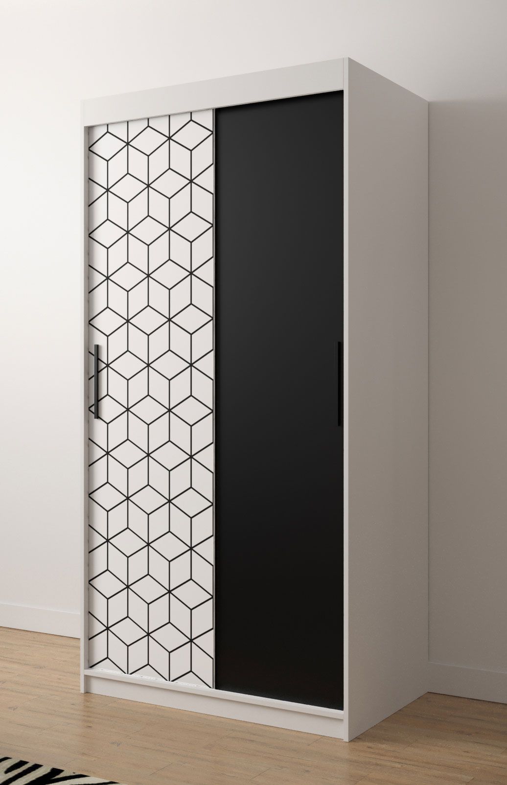 Kleiderschrank mit eleganten Design Dom 04, Farbe: Weiß matt / Schwarz matt - Abmessungen: 200 x 100 x 62 cm (H x B x T), mit fünf Fächern