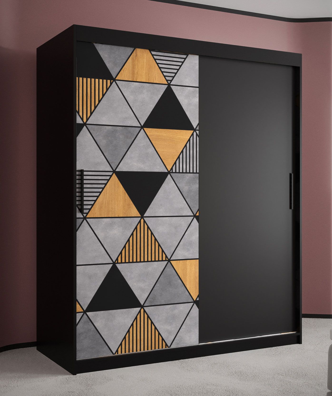 Kleiderschrank mit modernen Design Strahlhorn 03, Farbe: Schwarz matt - Abmessungen: 200 x 150 x 62 cm (H x B x T), mit fünf Fächern und zwei Kleiderstangen