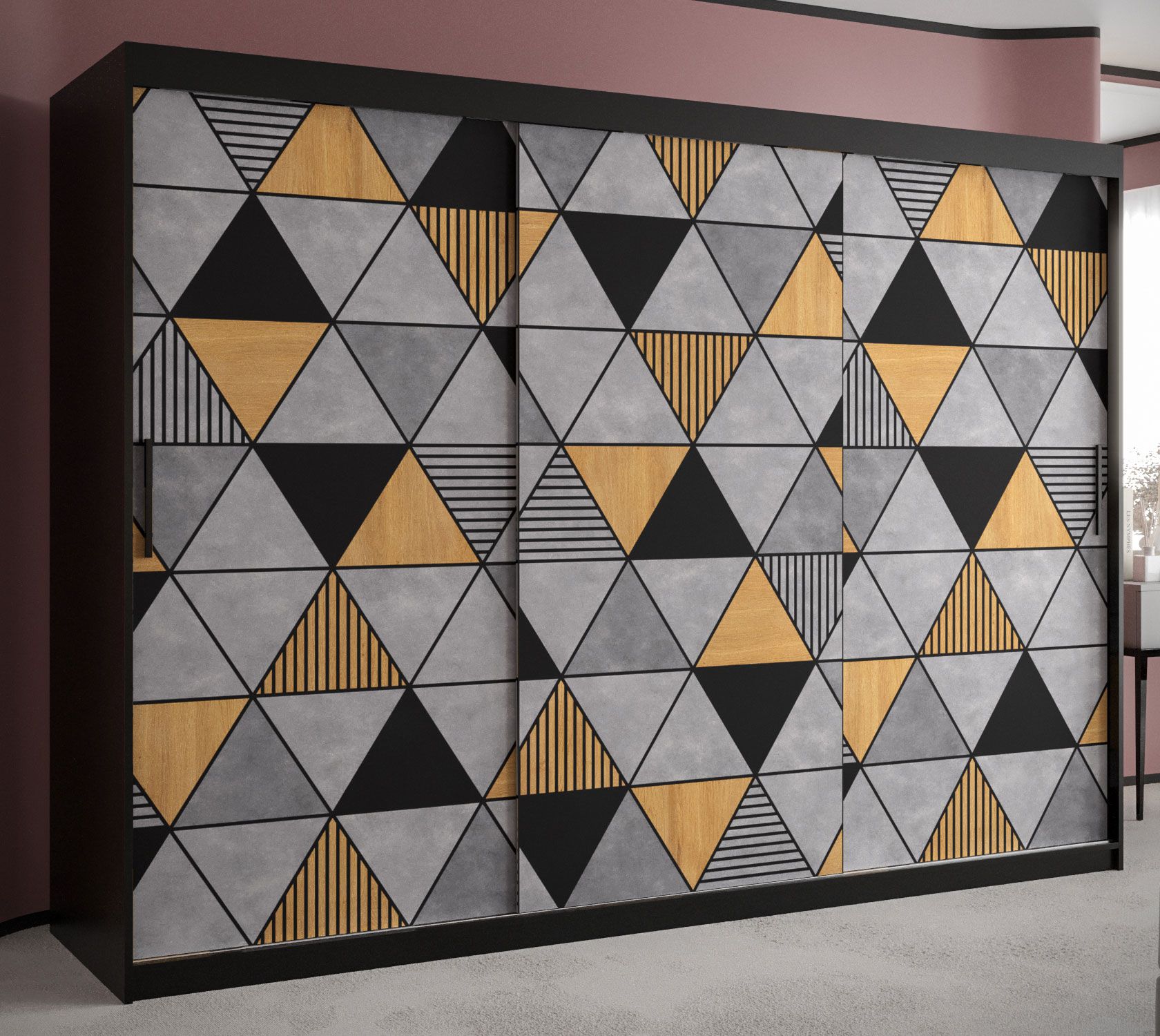 Großer Kleiderschrank mit modernen Muster Strahlhorn 12, Farbe: Schwarz matt - Abmessungen: 200 x 250 x 62 cm (H x B x T), mit drei Türen