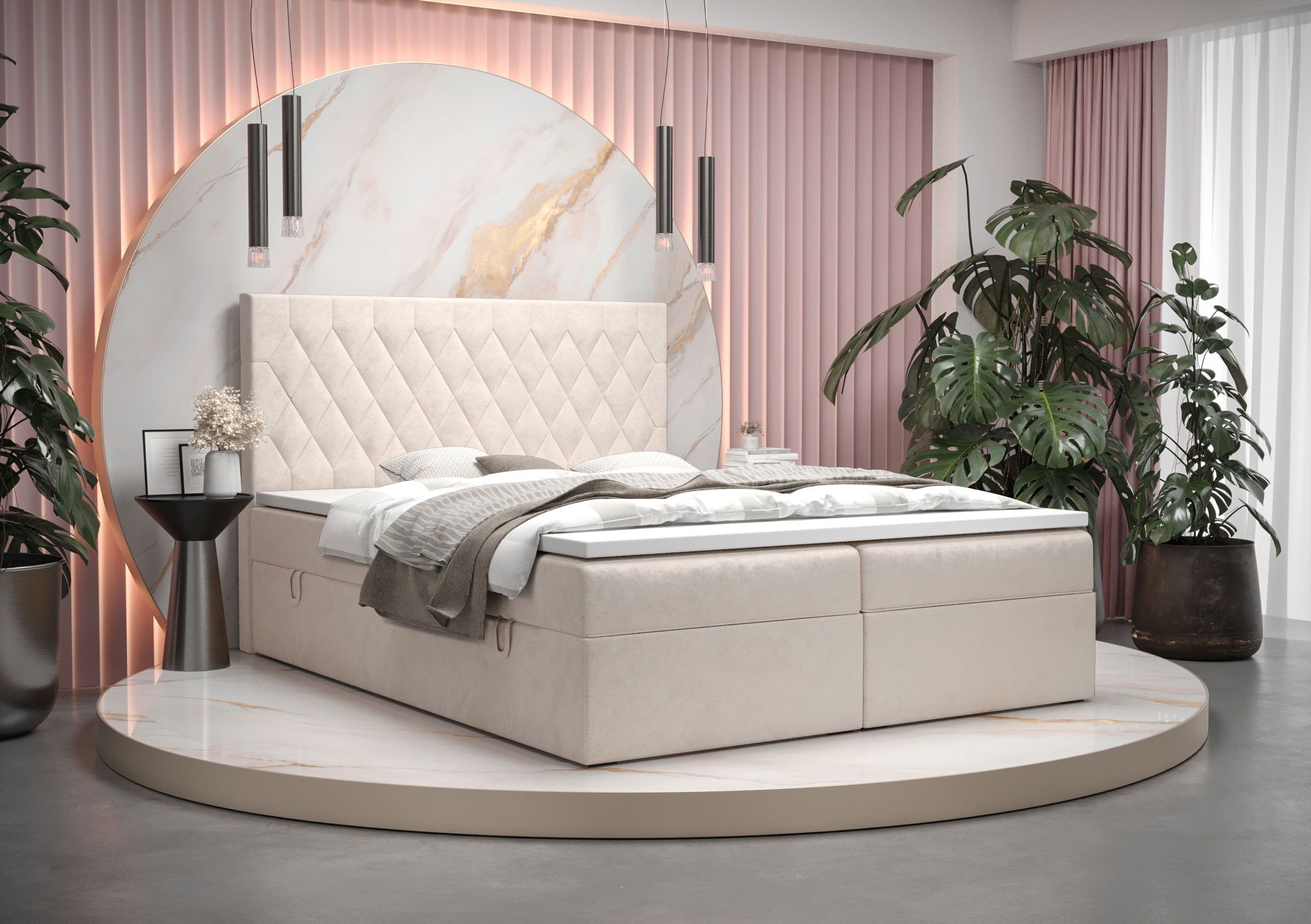 Boxspringbett im modernen Design Pirin 66, Farbe: Beige - Liegefläche: 160 x 200 cm (B x L), mit Stauraum