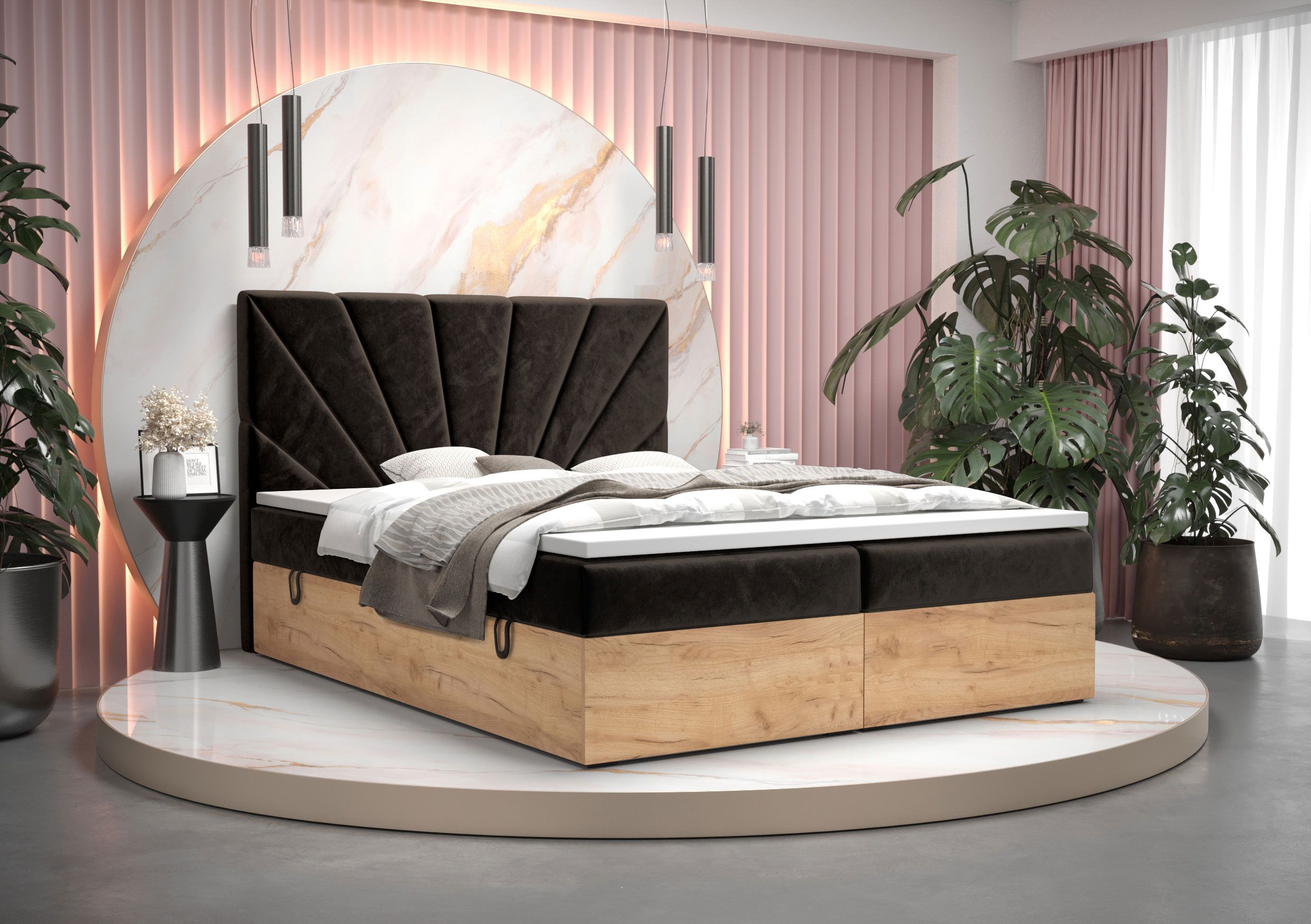 Boxspringbett im modernen Design Pilio 27, Farbe: Schwarz / Eiche Golden Craft - Liegefläche: 180 x 200 cm (B x L)