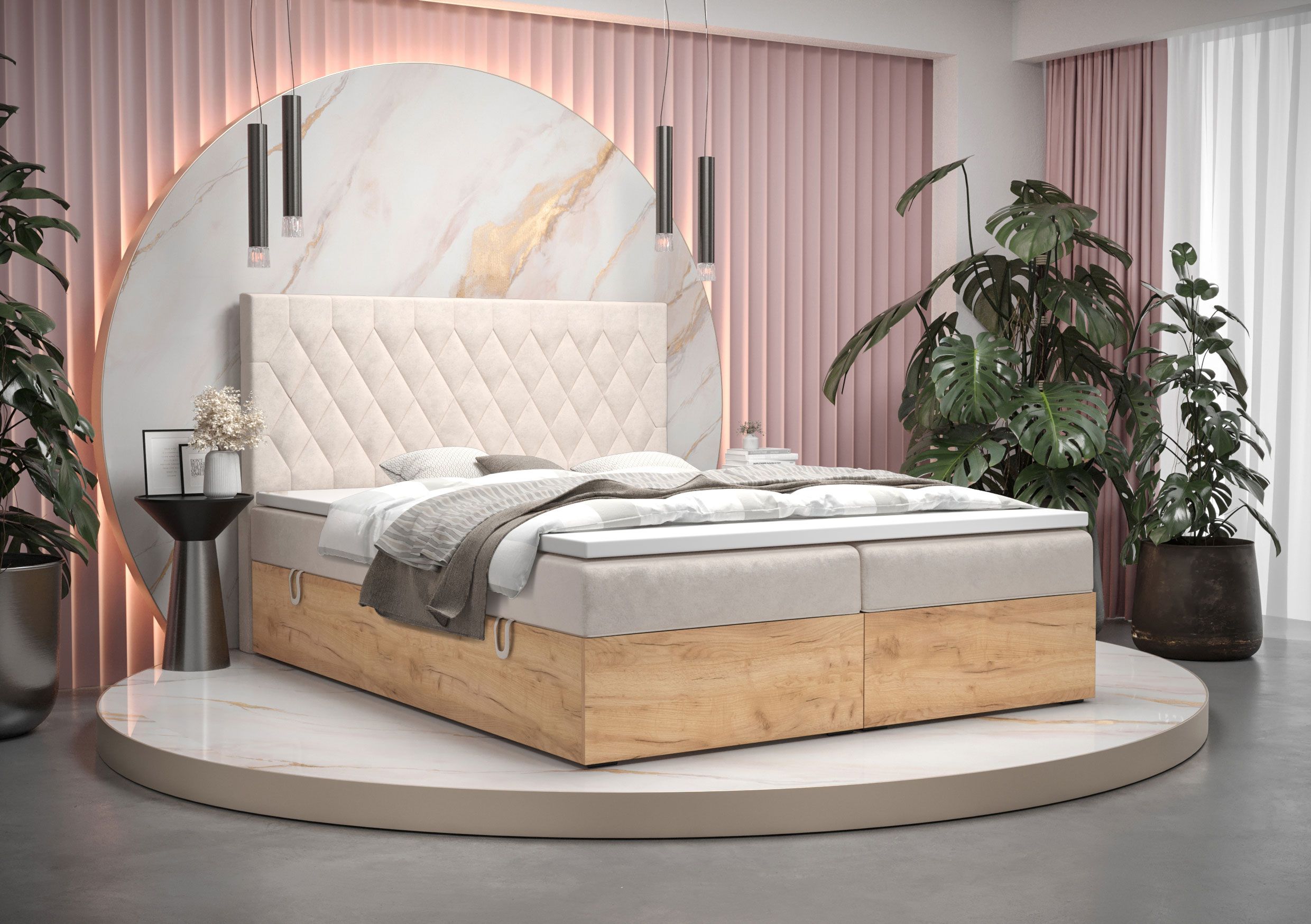 Boxspringbett mit modernen Design Pilio 66, Farbe: Beige / Eiche Golden Craft - Liegefläche: 160 x 200 cm (B x L)