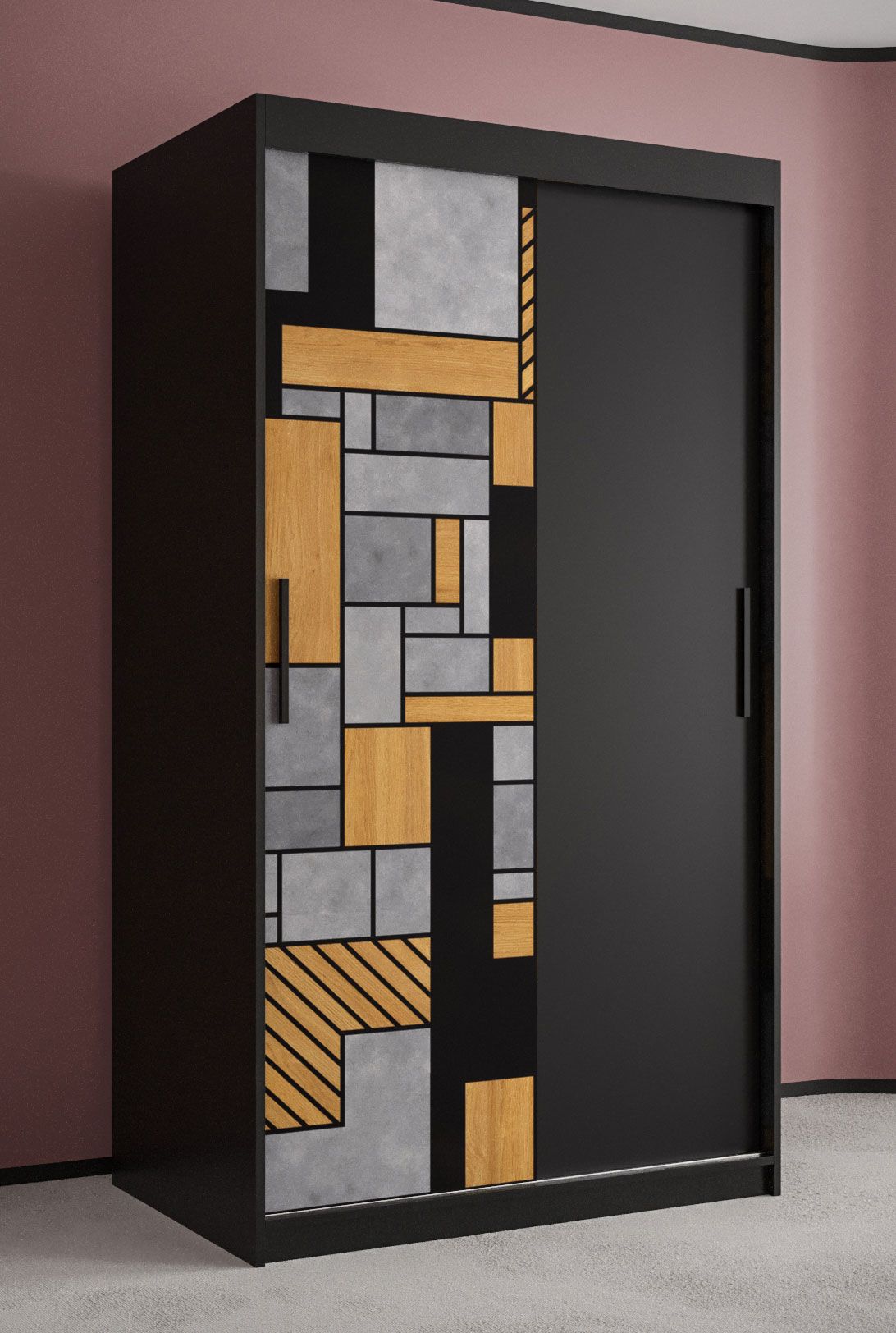 Schmaler Kleiderschrank mit modernen Design Aletschhorn 01, Farbe: Schwarz matt - Abmessungen: 200 x 100 x 62 cm (H x B x T), mit fünf Fächern