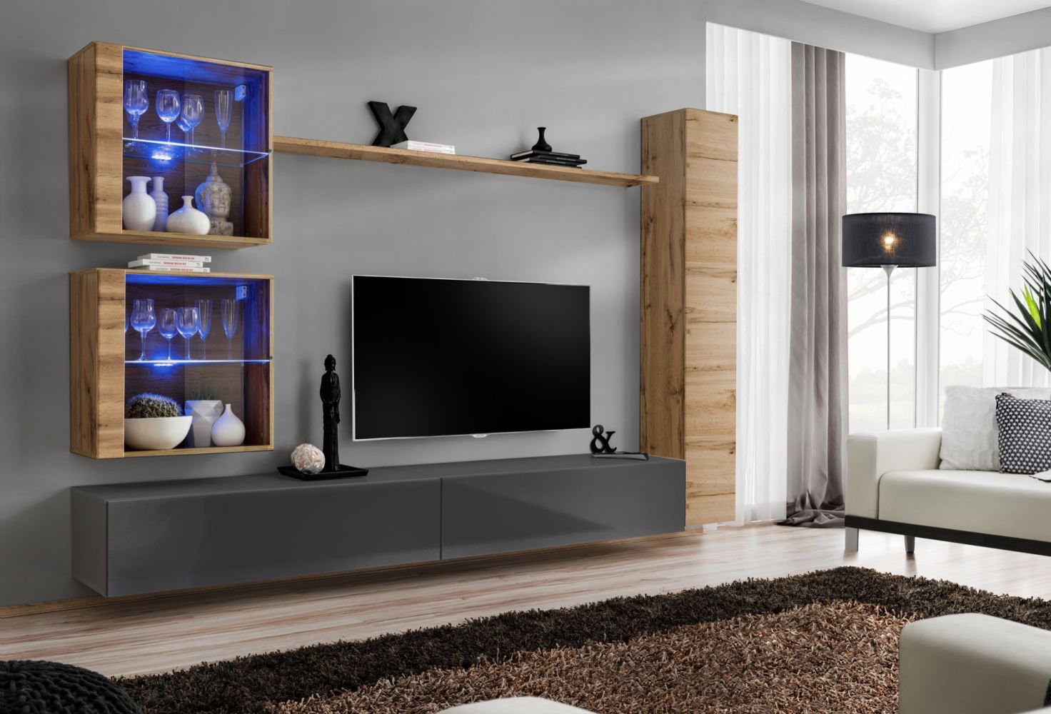 Wohnwand im edlen Design Balestrand 287, Farbe: Eiche Wotan / Grau - Abmessungen: 180 x 280 x 40 cm (H x B x T), mit LED-Beleuchtung