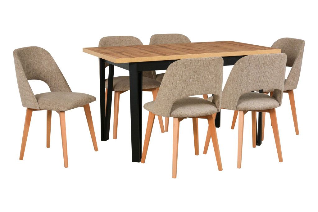 Essgruppe S mit 6 Polstersessel, großer Esstisch, modernes Design, robustes Material, hohe Festigkeit und Haltbarkeit, Farbe: Eiche/Schwarz, Polster: Beige