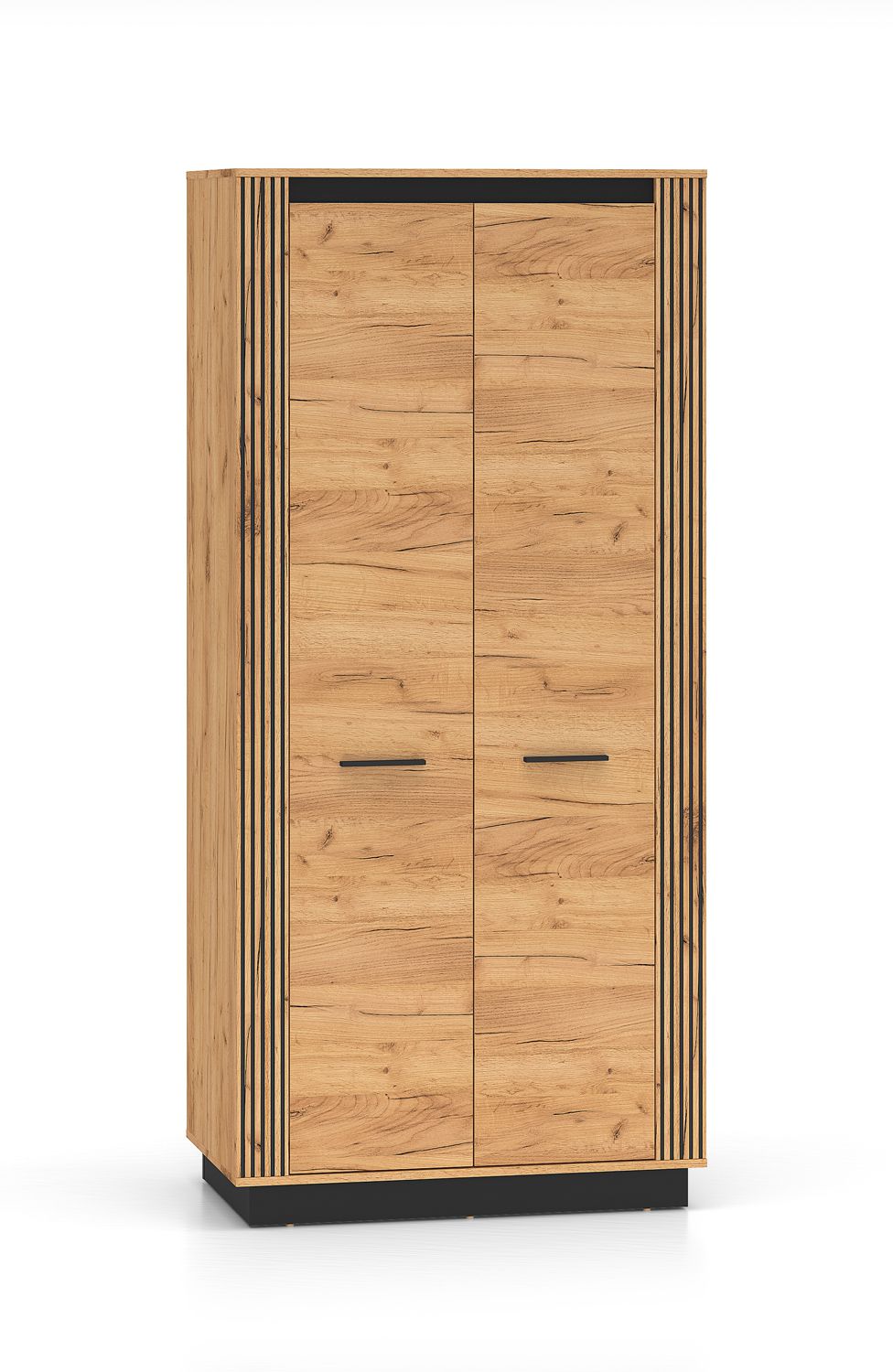 Kleiderschrank mit zwei Türen Dagali 03, Farbe: Eiche / Schwarz, Maße: 200 x 92 x 55 cm, ABS-Kantenschutz, Soft-Close-System, eine Kleiderstange