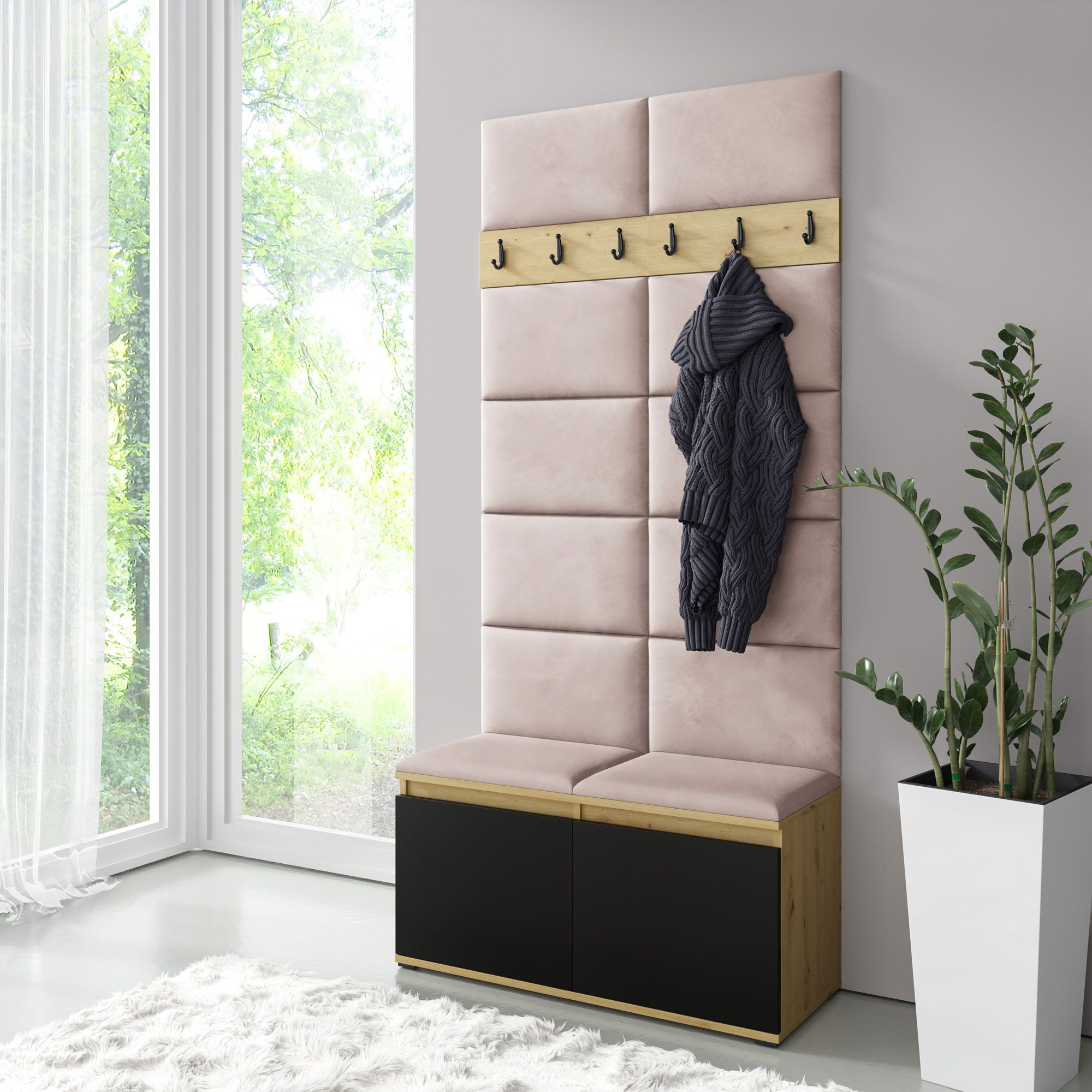 Kleine Garderobe 01 mit Sitzbank gepolstert | Artisan/Schwarz/Cream | 215 x 100 x 40 cm | für 8 Paar Schuhe | 6 Kleiderhaken | 4 Fächer