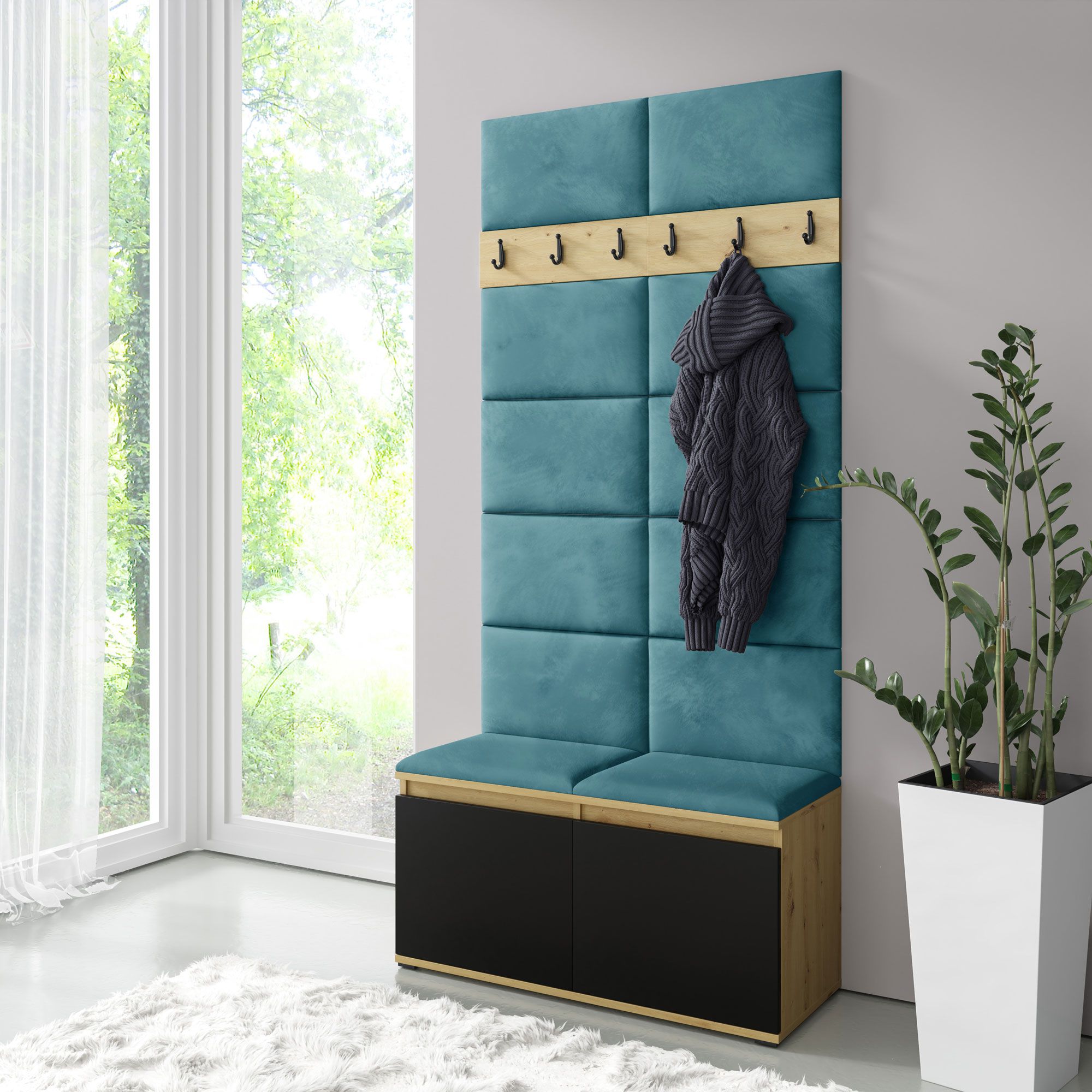 Garderobe 01 für etwa 8 Paar Schuhe | Artisan/Schwarz/Turquoise  | 215 x 100 x 40 cm | Polsterpaneele Sitzbank &  Wand | 6 Kleiderhaken | 4 Fächer