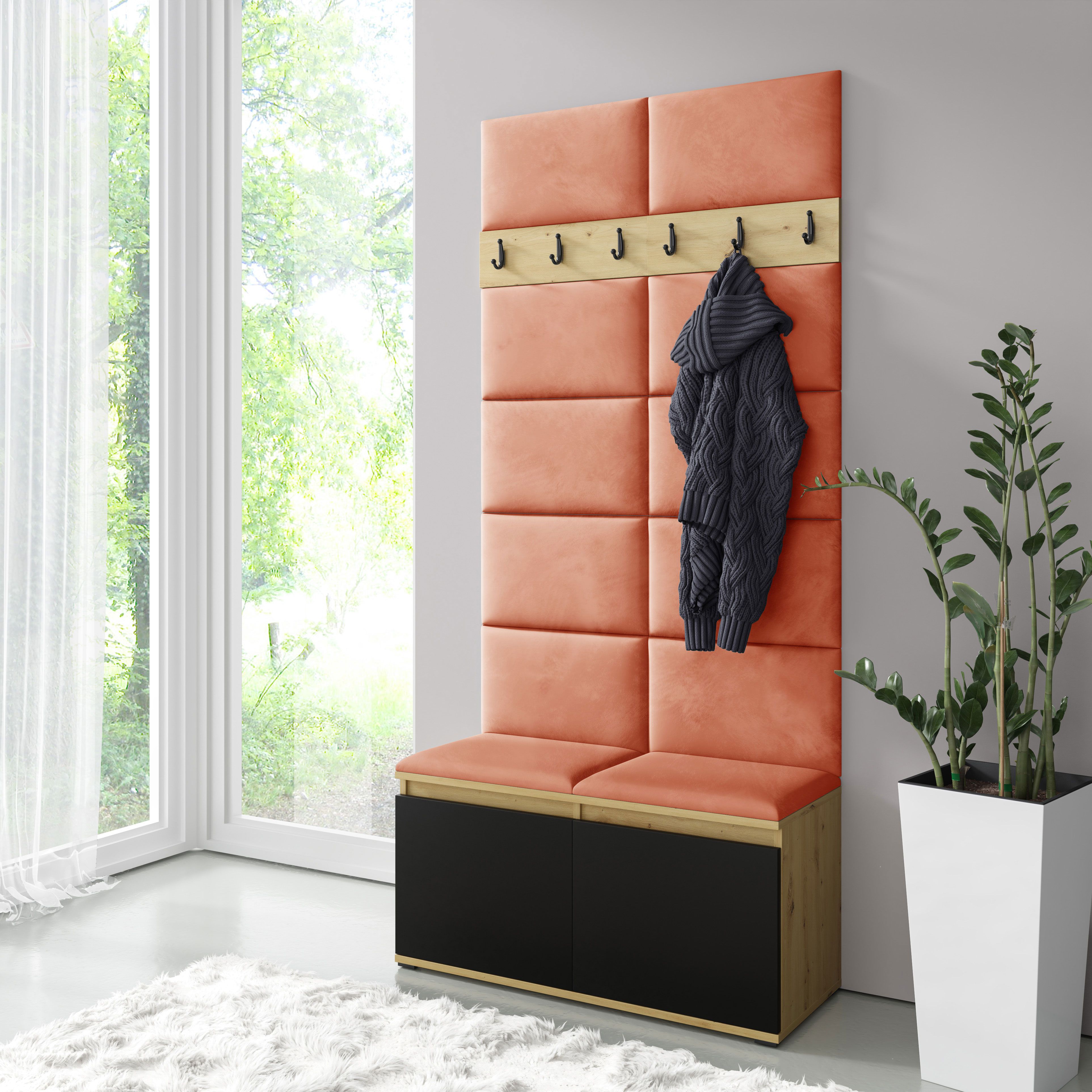 Garderobe 01 mit gepolsterter Sitzbank, für 8 Paar Schuhe, Artisan/Schwarz/Orange, 215 x 100 x 40 cm,6 Kleiderhake, Schuhschrank mit 4 Fächer