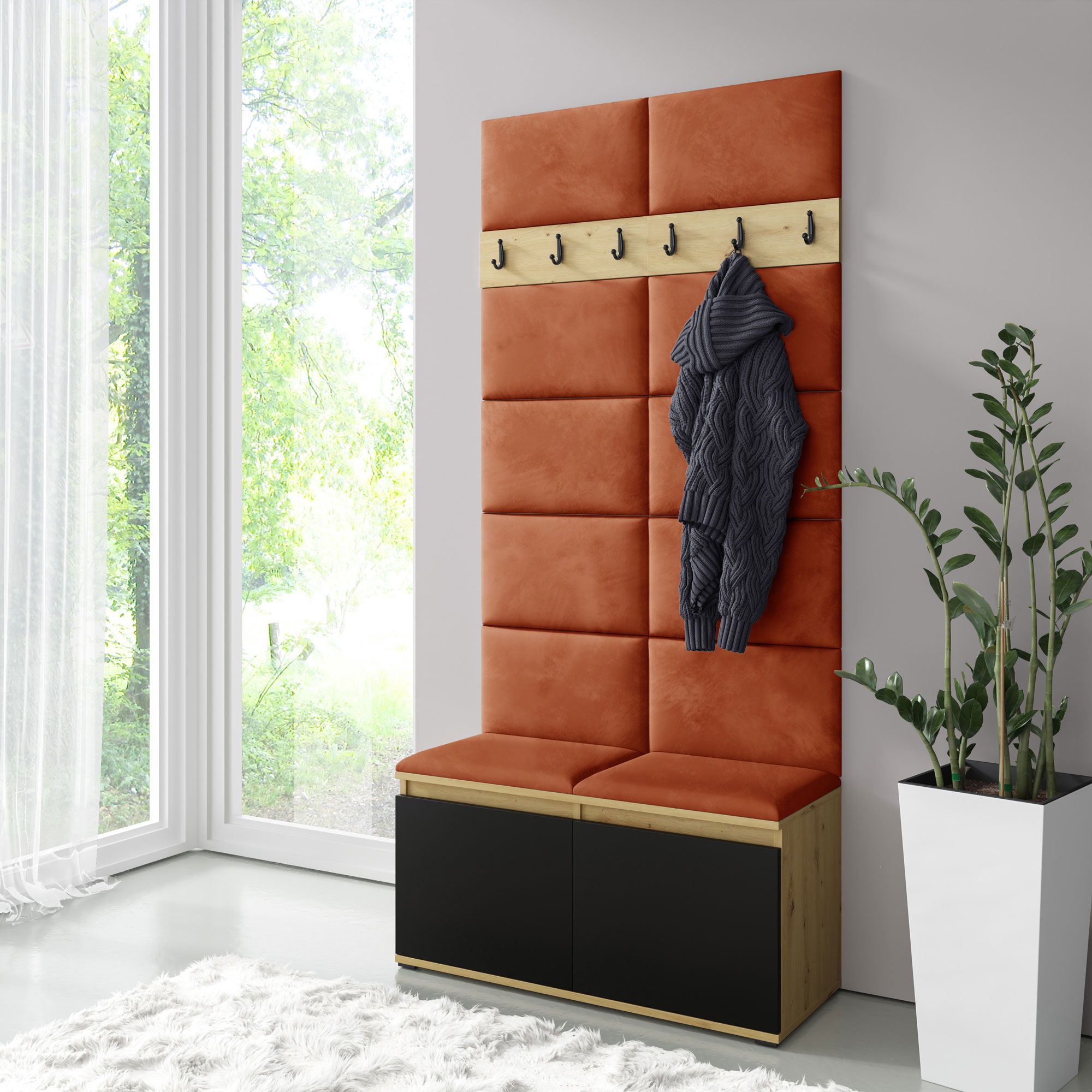 Garderobe 01 mit Schuhschrank für 8 Paar Schuhe, Artisan/Schwarz/Rust, 215 x 100 x 40 cm, 6 Kleiderhaken, 4 Fächer, gepolsterter Sitzbank und Wand