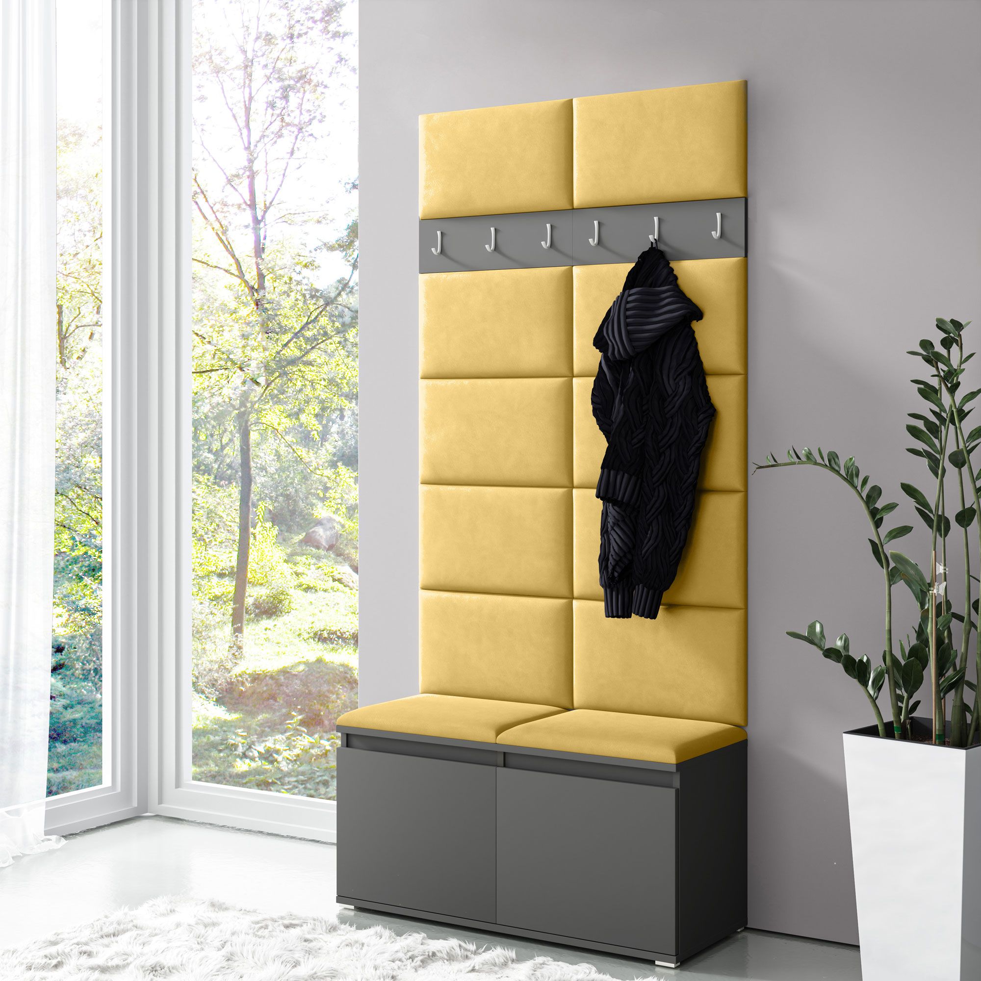 Garderobe 01 mit Sitzbank und Wand gepolstert, Graphit/Naples Yellow, 215 x 100 x 40 cm, Schuhschrank für 8 Paar Schuhe, 6 Kleiderhaken, 4 Fächer