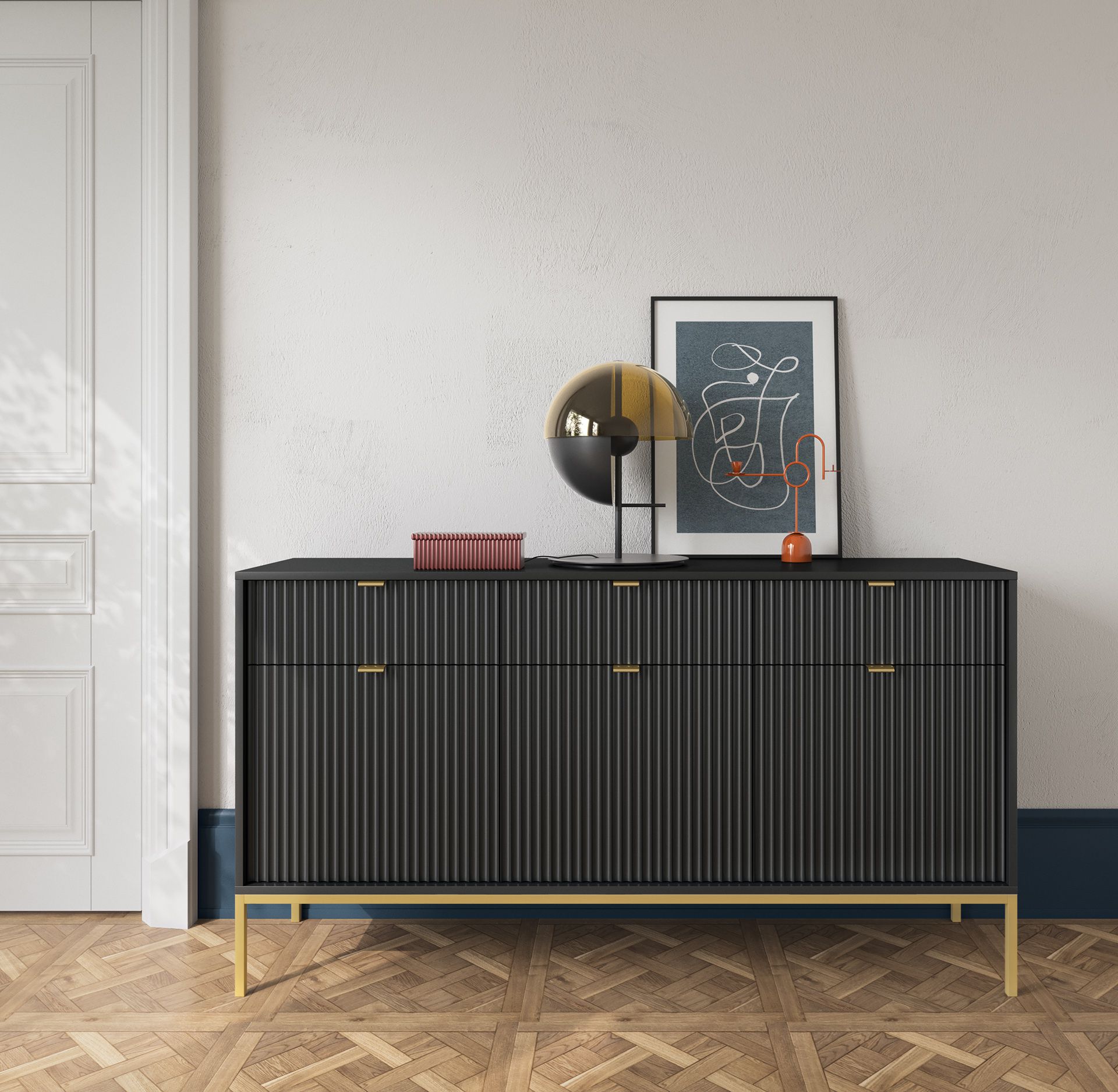 Sideboard mit genügend Stauraum Worthing 39, Farbe: Schwarz / Gold - Abmessungen: 83 x 154 x 39 cm (H x B x T)