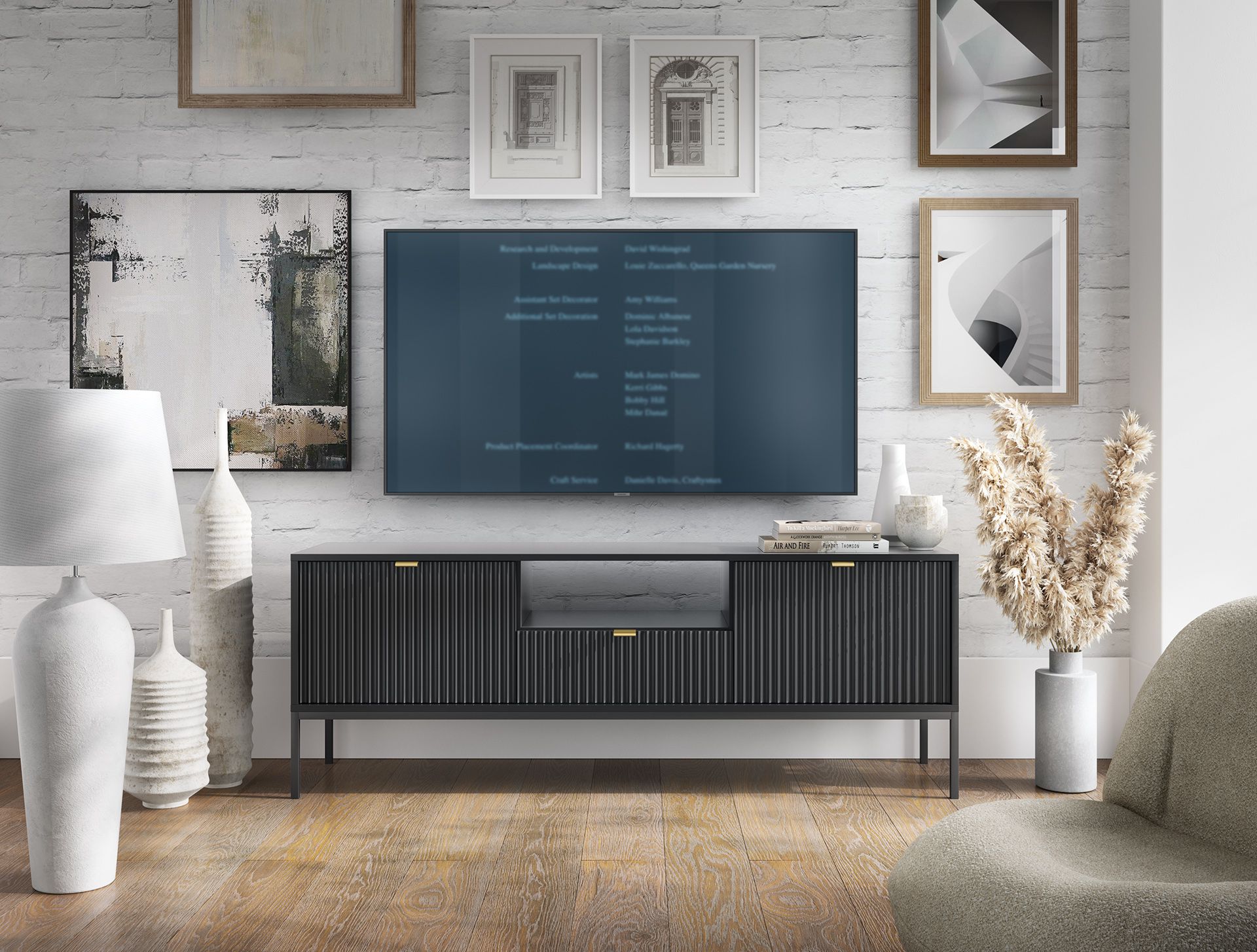 TV-Unterschrank mit einer Schublade Worthing 42, Farbe: Schwarz / Gold - Abmessungen: 56 x 154 x 39 cm (H x B x T)