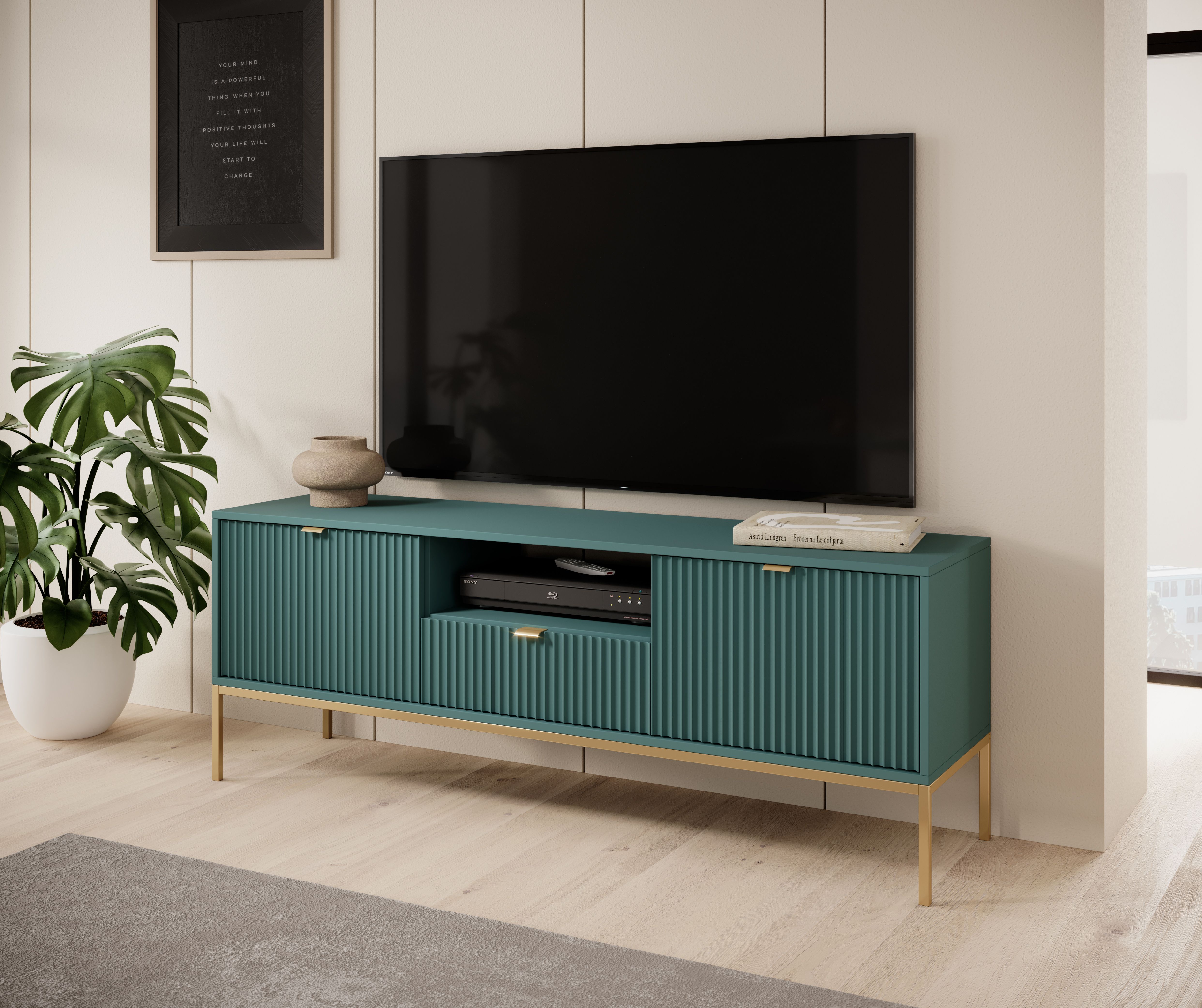 TV-Unterschrank mit genügend Stauraum Worthing 12, Farbe: Türkis / Gold - Abmessungen: 56 x 154 x 39 cm (H x B x T)