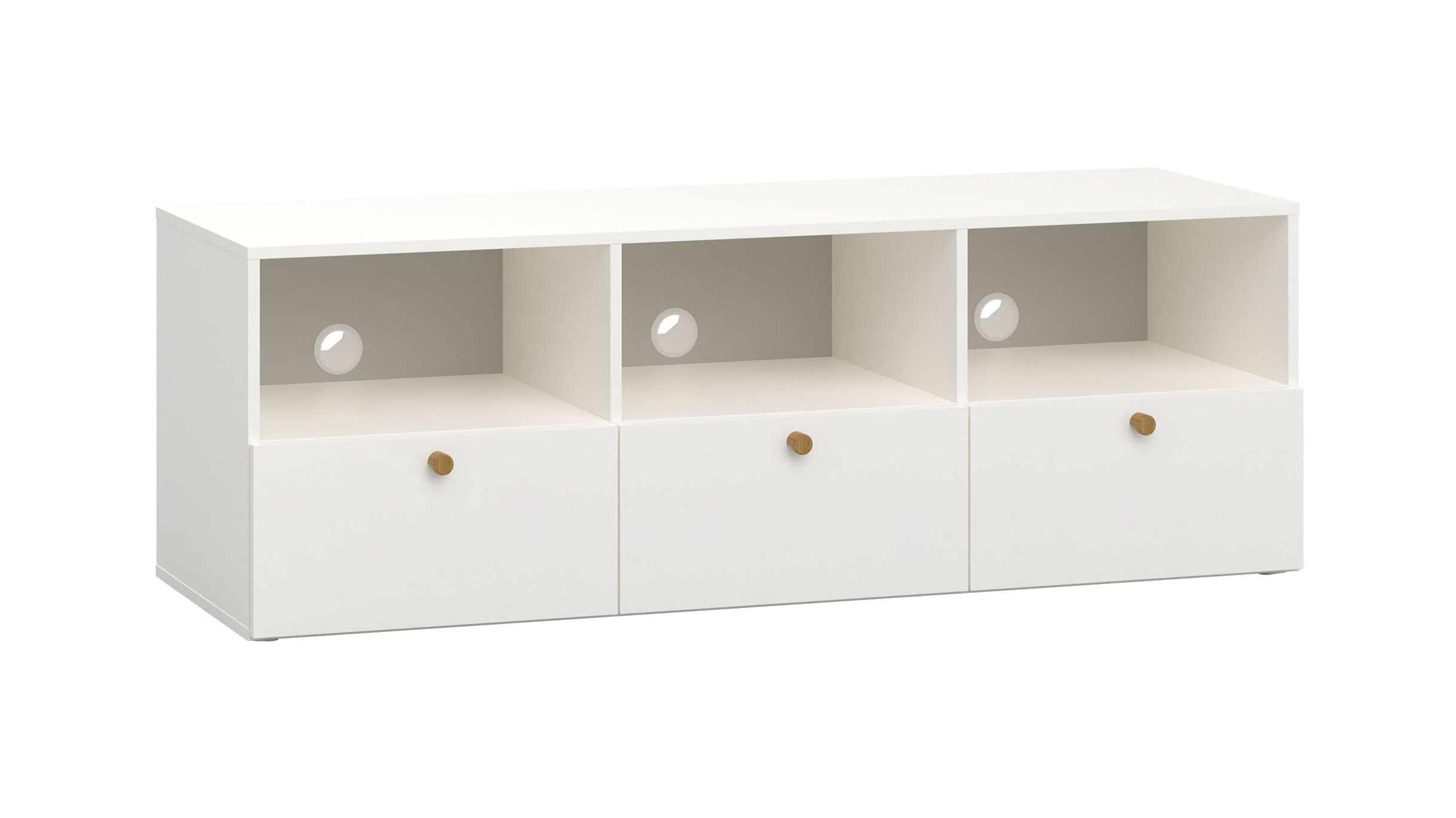 Stabiler TV-Schrank mit drei Fächer Aenna 102, Farbe: Weiß / Grau, drei Schubladen, drei Kabellöcher, Maße: 51,5 x 151 x 46,5 cm, stilvoll, Griffe: Eiche