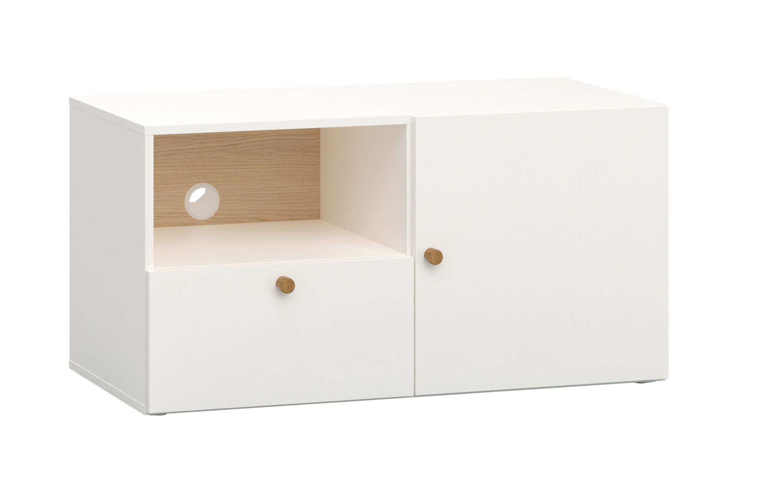 Stilvolles TV-Möbel / TV-Schrank mit einer Schublade Aenna 112, Farbe: Weiß / Eiche, Maße: 51,5 x 101 x 46,5 cm, Griffe: Eiche, zwei Fächer, ein Kabelloch