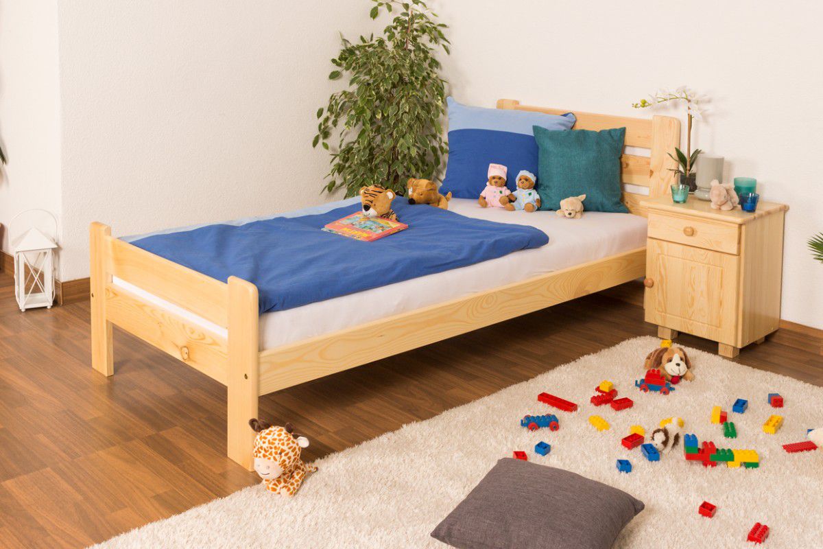 Kinderbett / Jugendbett Kiefer Vollholz massiv natur A23, inkl. Lattenrost - Abmessung 90 x 200 cm 