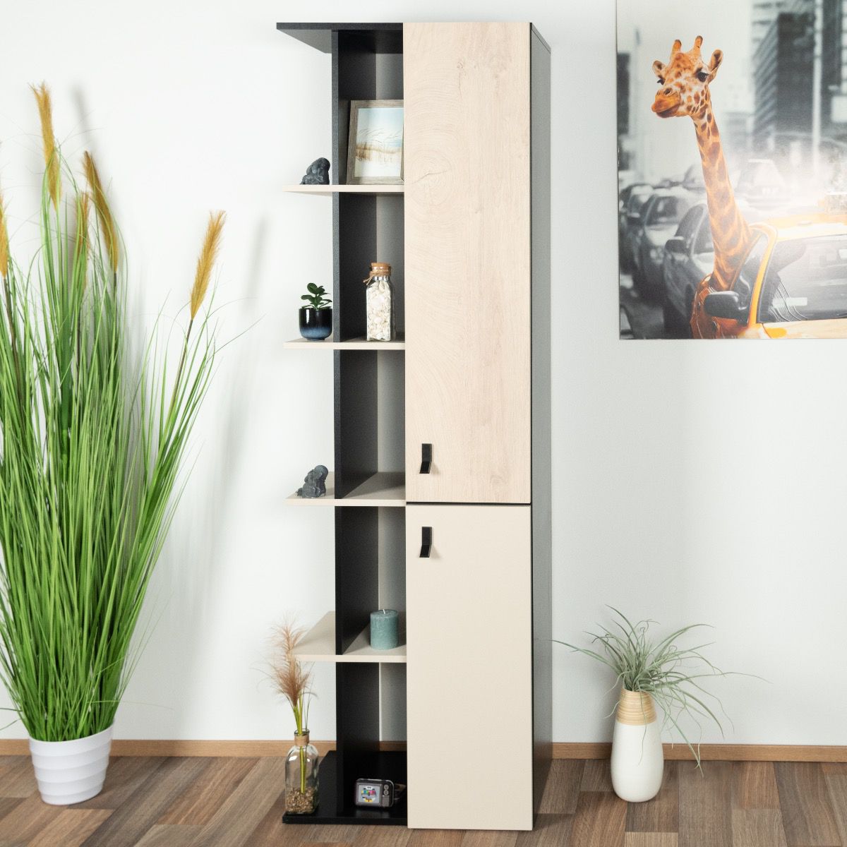 Jugendzimmer - Schrank Aalst 05, Farbe: Eiche / Creme / Schwarz - Abmessungen: 190 x 60 x 40 cm (H x B x T)