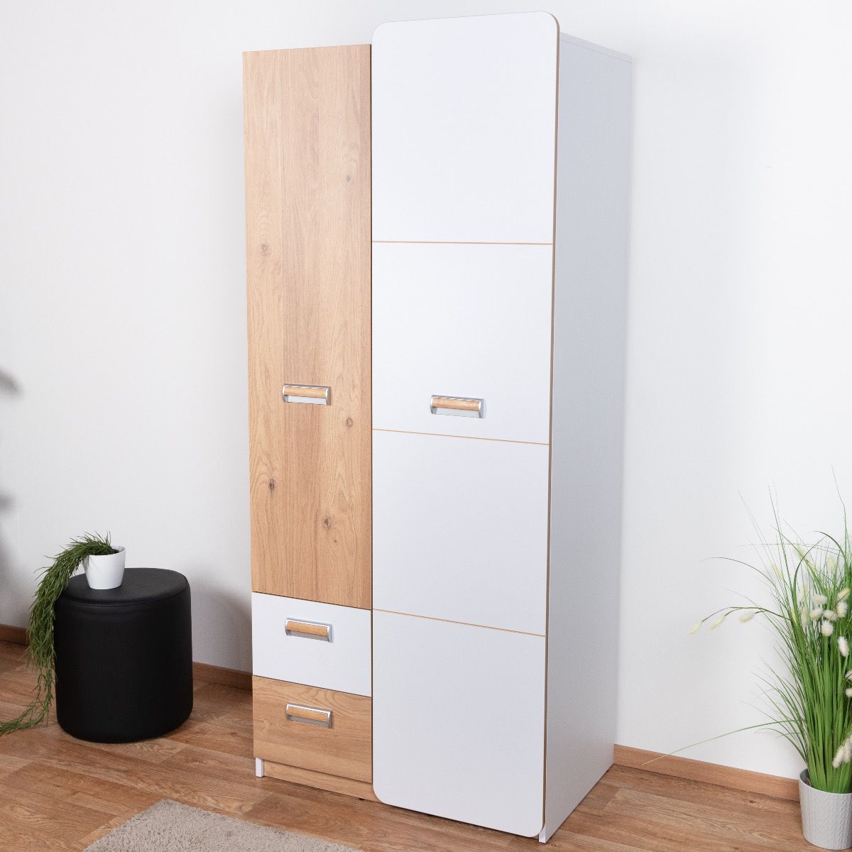 Jugendzimmer - Drehtürenschrank / Kleiderschrank Dennis 01, Farbe: Esche / Weiß - Abmessungen: 188 x 80 x 52 cm (H x B x T)