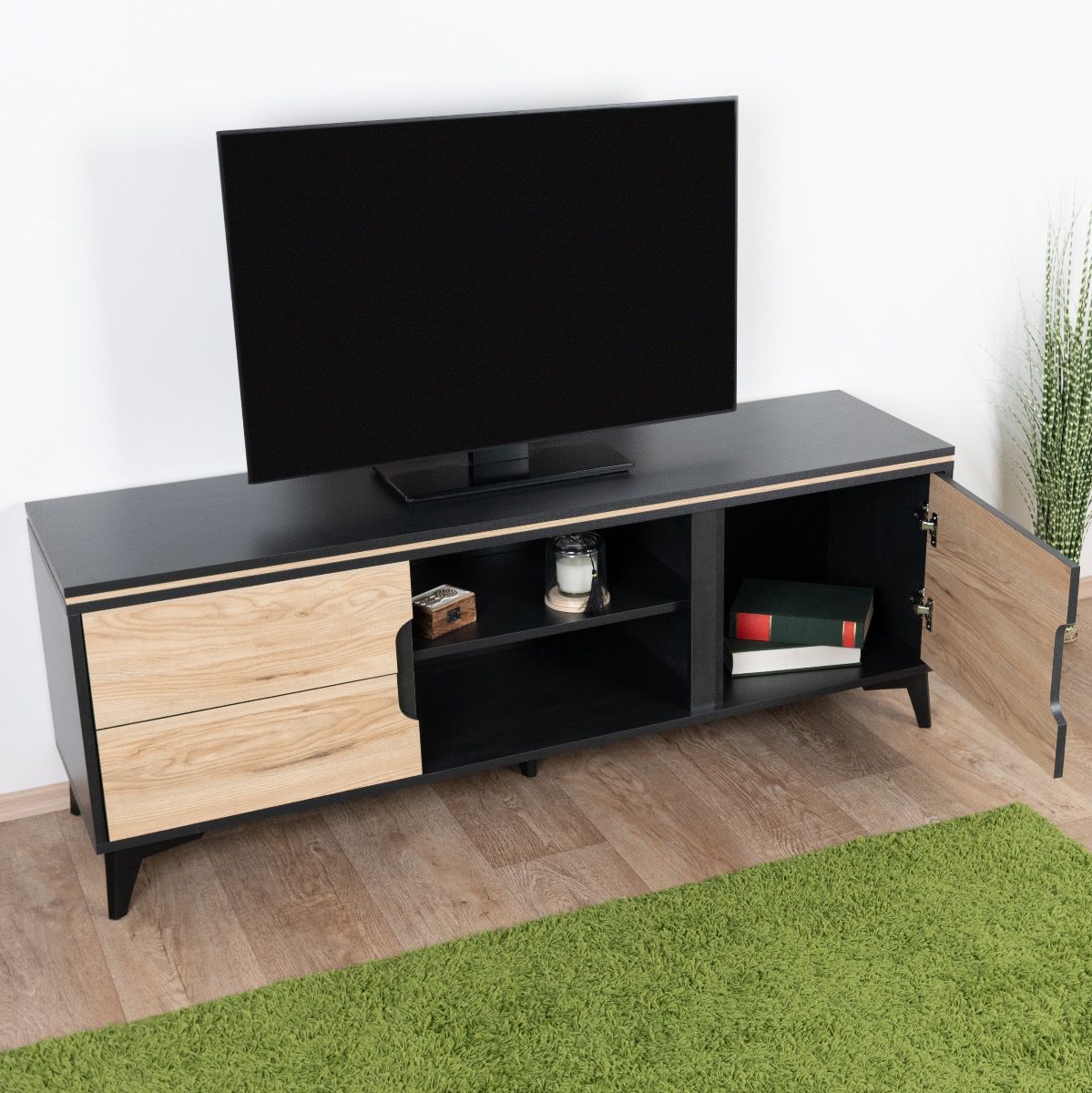 TV - Unterschrank Amanto 8, Farbe: Schwarz / Esche - Abmessungen: 54 x 150 x 40 cm (H x B x T)