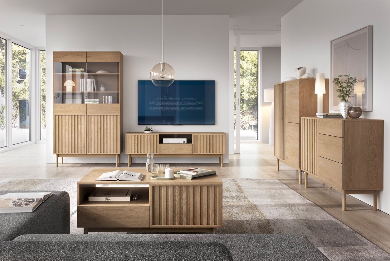 Wohnzimmer Komplett - Set A Acrab, 5-teilig, Eiche Cremona, geriffelte Fronten, Push-to-open Funktion, Japandi-Design, ABS Kantenschutz