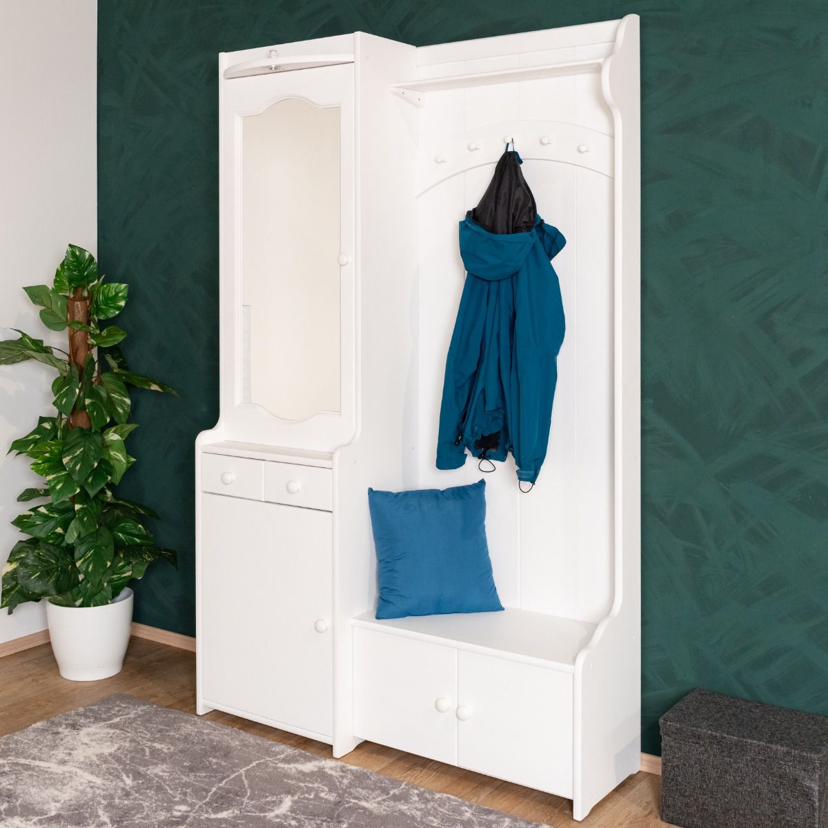 Weiße Garderobe mit Spiegel Kiefer Vollholz 28B, 200 x 125 x 41 cm, mit 2 Schubladen, 6 Fächern, 1 Ablage und 5 Haken, inklusive Beleuchtung