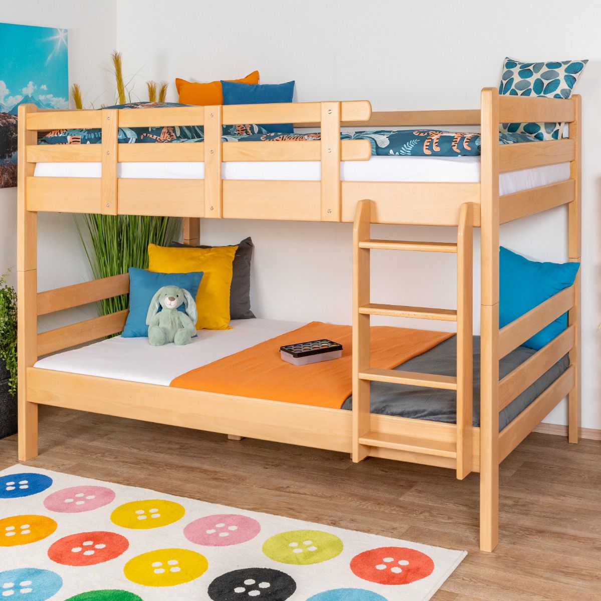 Etagenbett / Stockbett 120 x 190 cm für Kinder "Easy Premium Line" K24/n, Kopf- und Fußteil gerade, Buche Massivholz Natur lackiert, teilbar