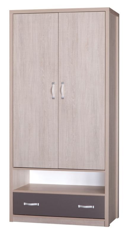 Drehtürenschrank / Kleiderschrank für Jugendzimmer Tobias 01, Farbe Braun / Grau, 190 x 90 x 51 cm, 2 Türen, 1 Kleiderstange, 1 Schublade, 4 Griffe