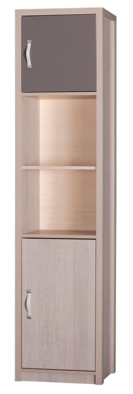 Schmaler Schrank für Jugendzimmer Tobias 04, Farbe Braun / Grau, 190 x 45 x 40 cm, 2 Türen, 2 Einlegeböden, funktionale Griffe, 2 offene Fächer