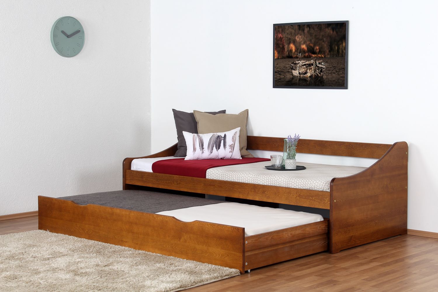 Einzelbett / Funktionsbett Kiefer massiv Vollholz Eichefarben Rustikal 93, inkl. Lattenrost - 90 x 200 cm (B x L)